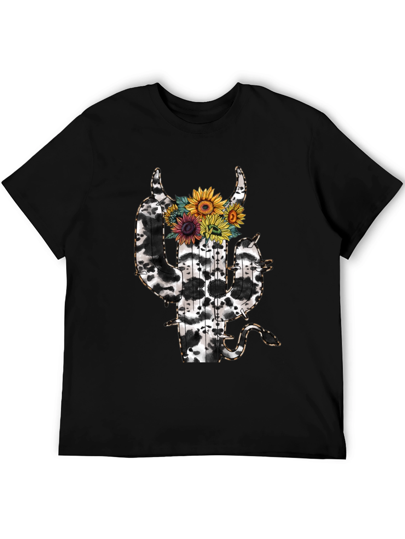 Cow Print Cactus T-Shirt with Sunflowers