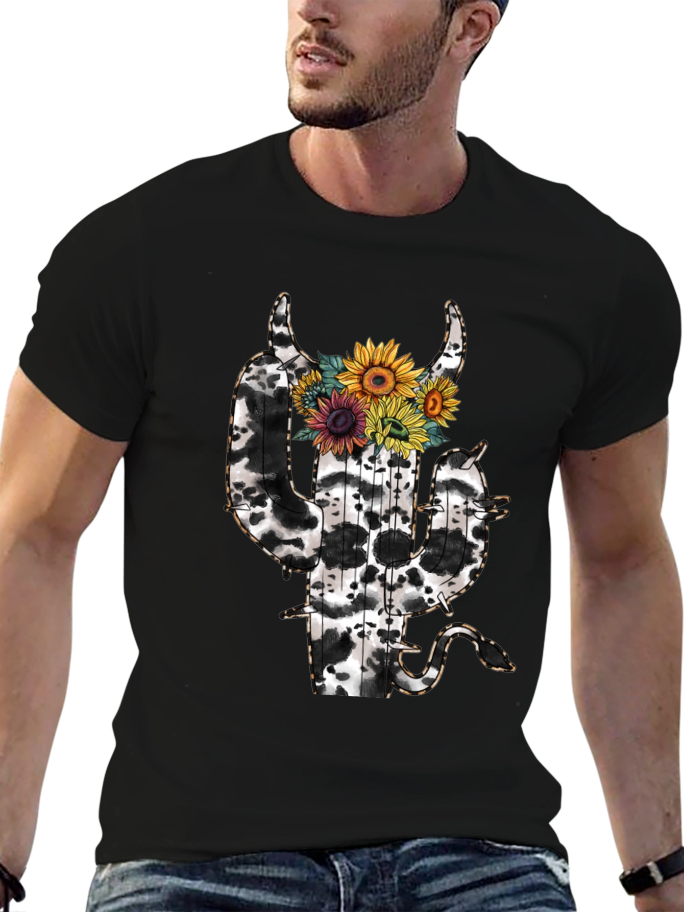 Cow Print Cactus T-Shirt with Sunflowers
