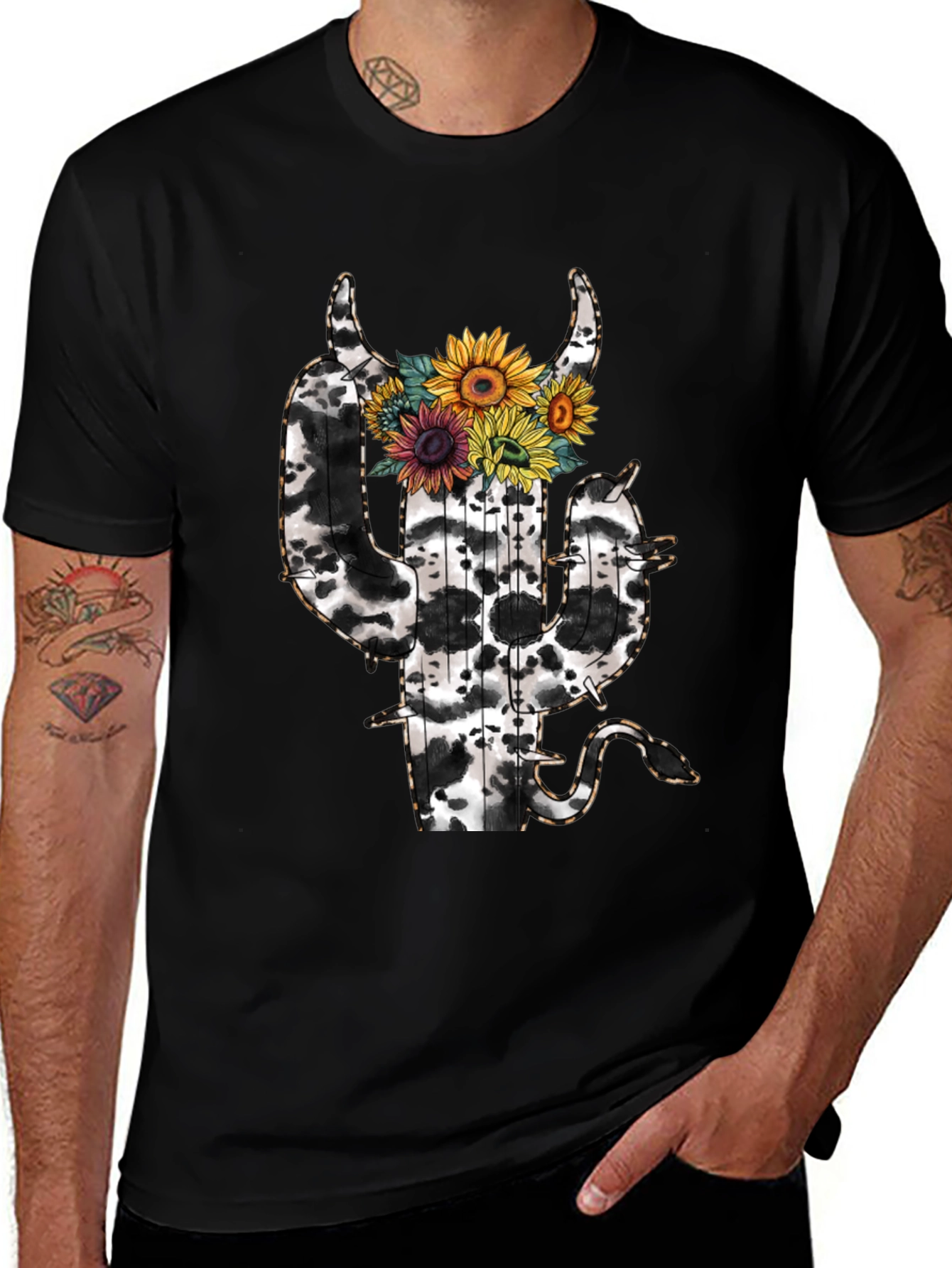 Cow Print Cactus T-Shirt with Sunflowers