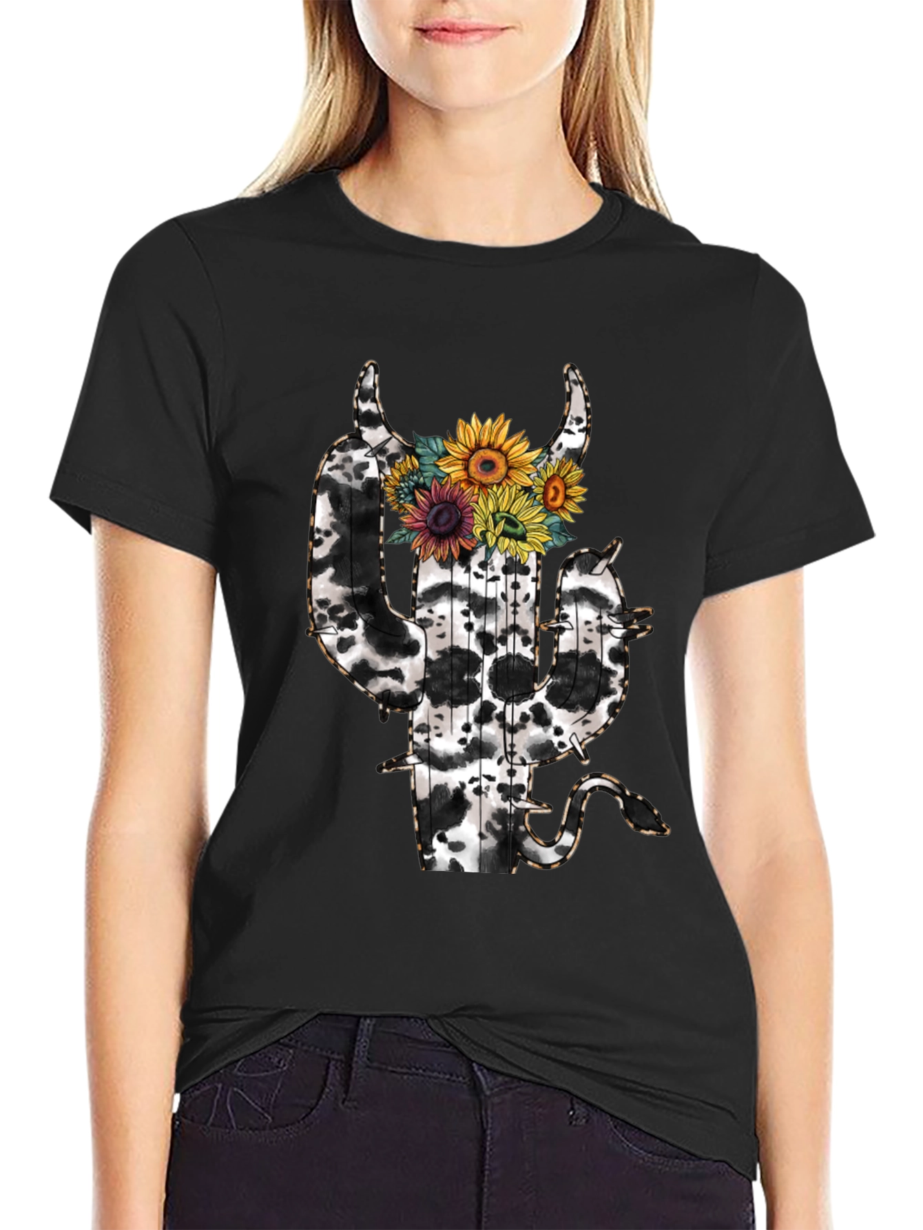 Cow Print Cactus T-Shirt with Sunflowers