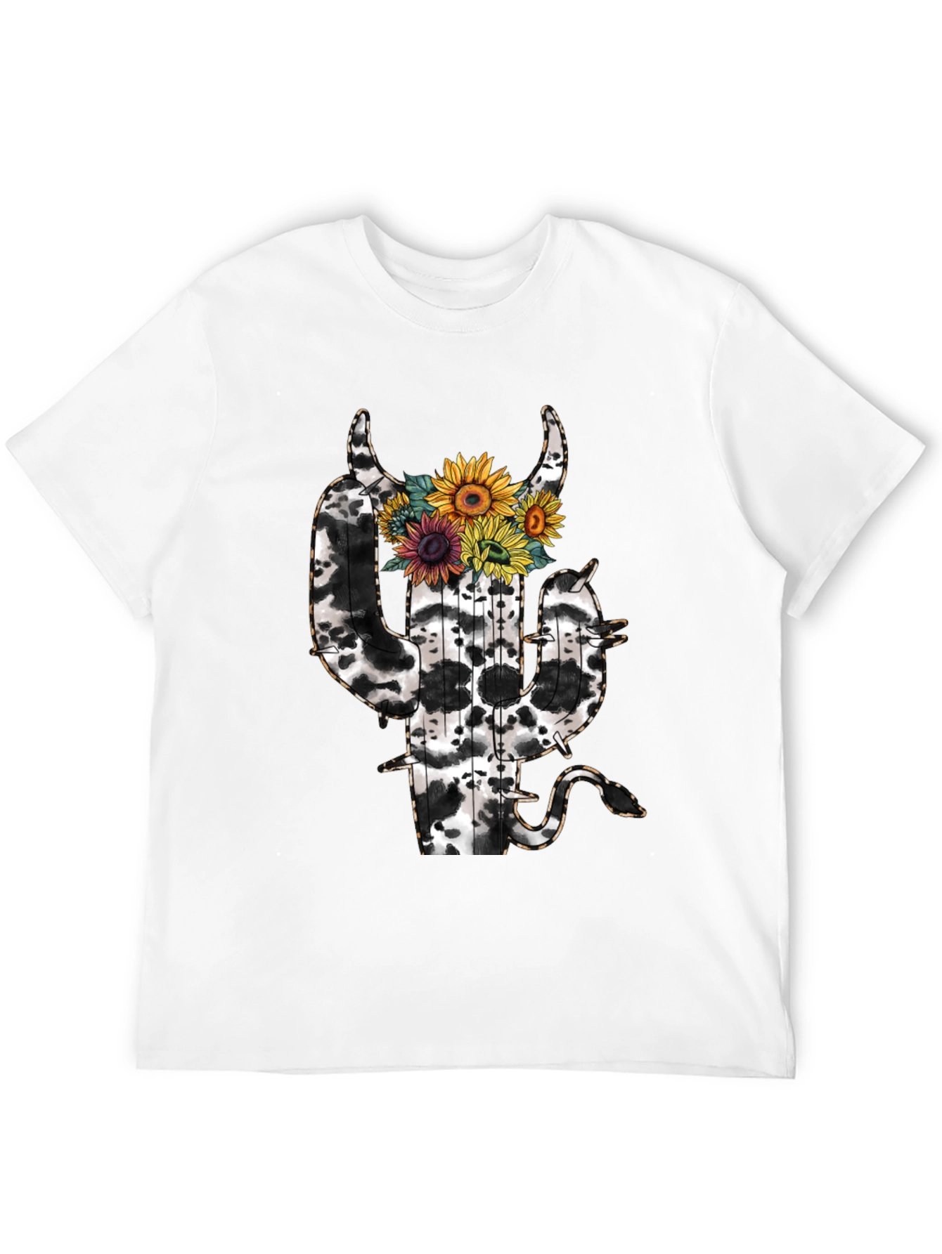 Cow Print Cactus T-Shirt with Sunflowers