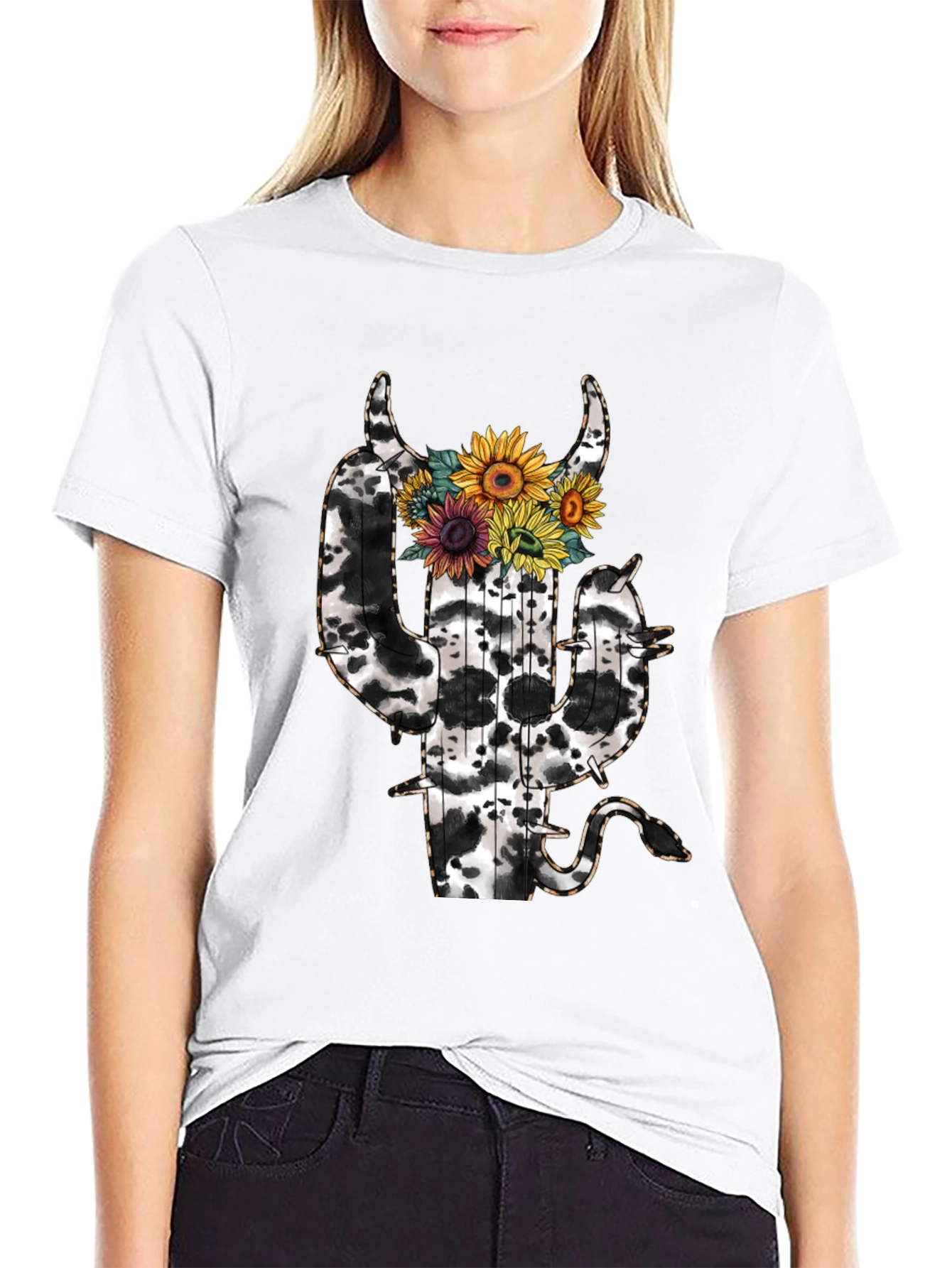 Cow Print Cactus T-Shirt with Sunflowers