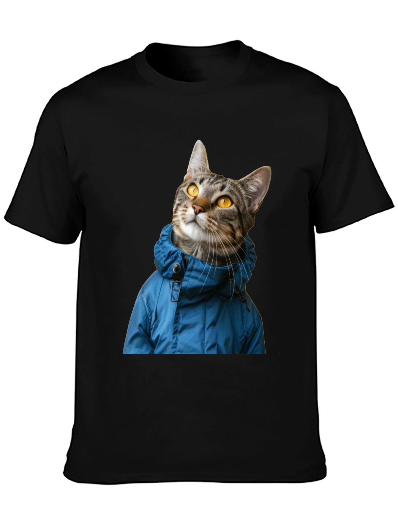 Cat in Blue Jacket Black T-Shirt