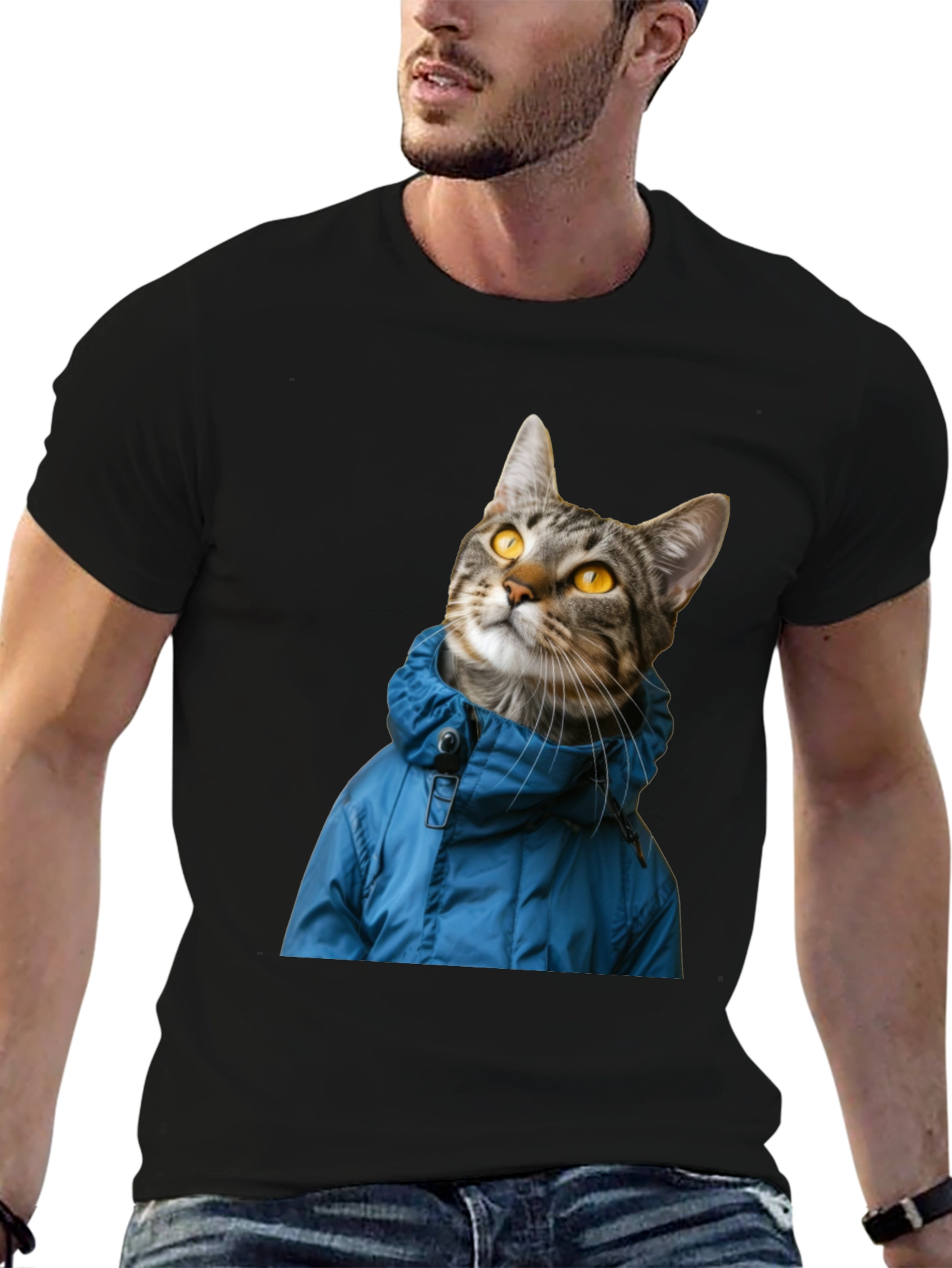 Cat in Blue Jacket Black T-Shirt