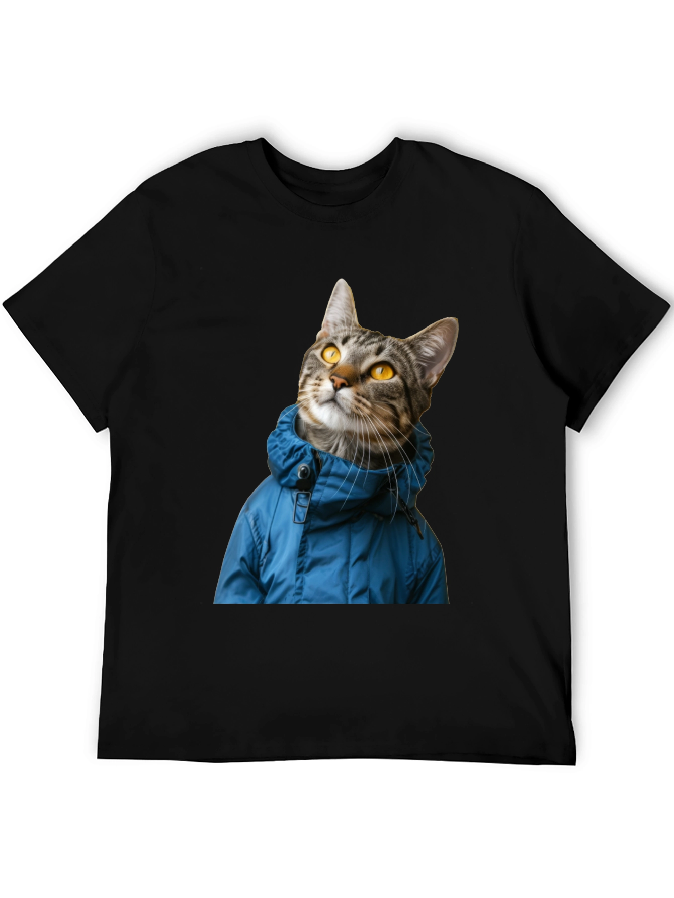 Cat in Blue Jacket Black T-Shirt