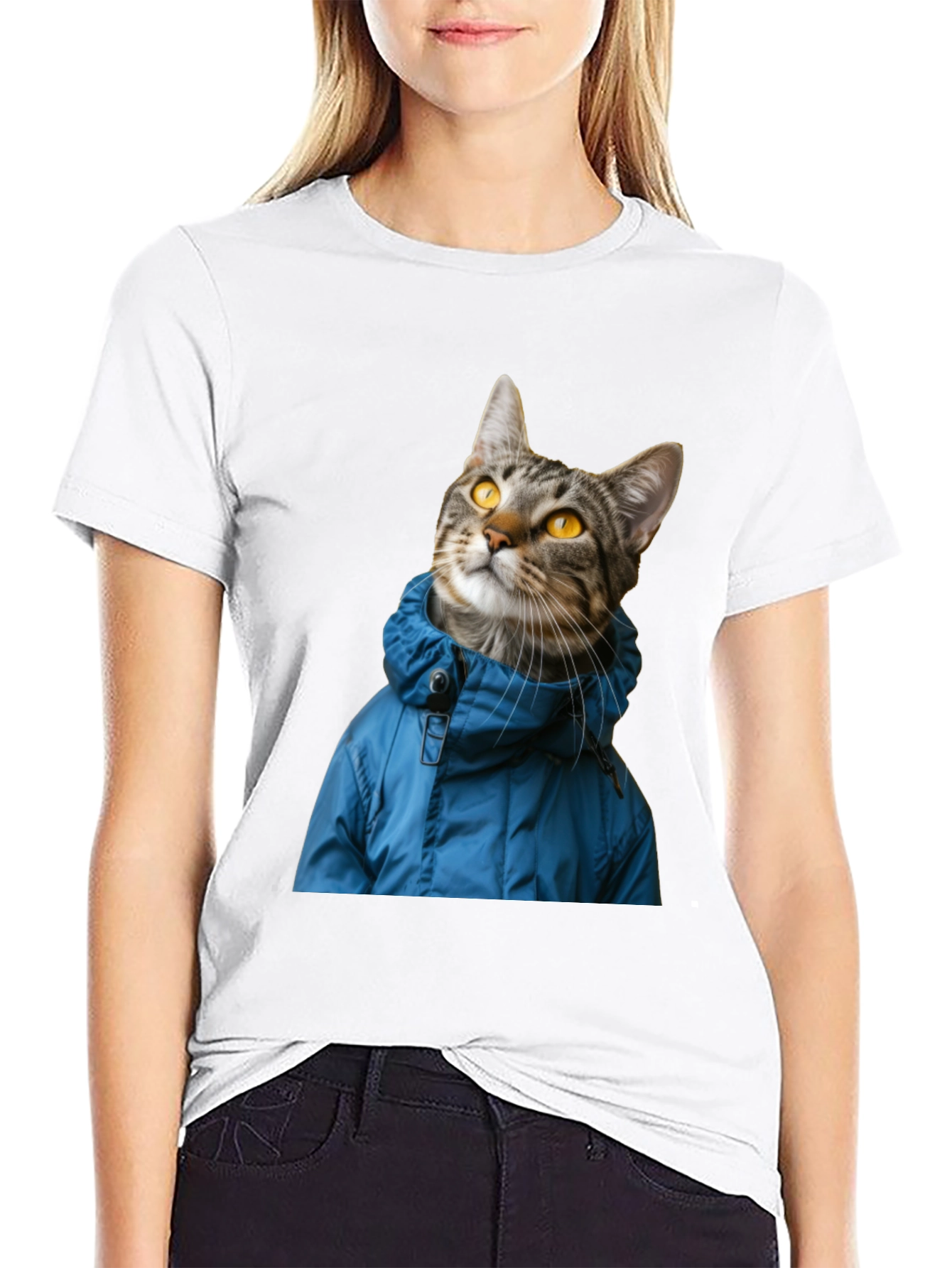 Cat in Blue Jacket Black T-Shirt