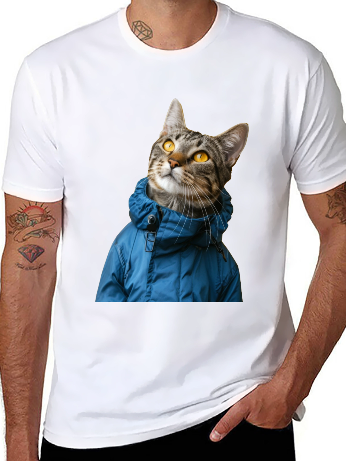 Cat in Blue Jacket Black T-Shirt