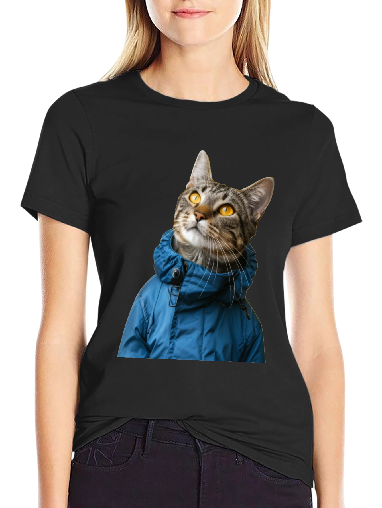 Cat in Blue Jacket Black T-Shirt