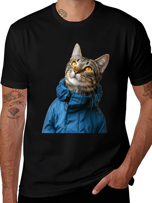 Cat in Blue Jacket Black T-Shirt