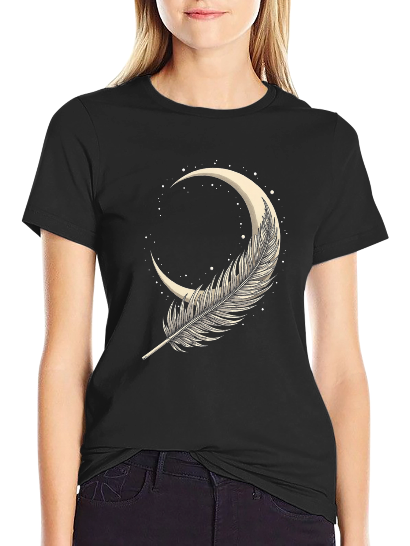 Feather Moon Graphic Tee - Soft Black Cotton
