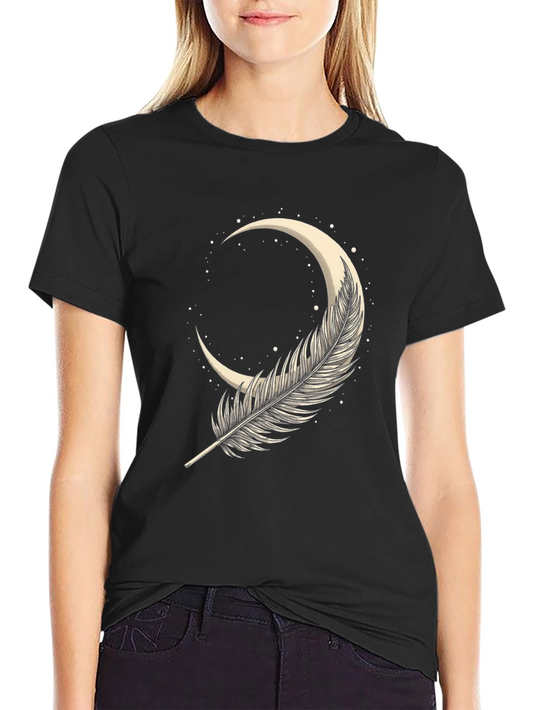 Feather Moon Graphic Tee - Soft Black Cotton