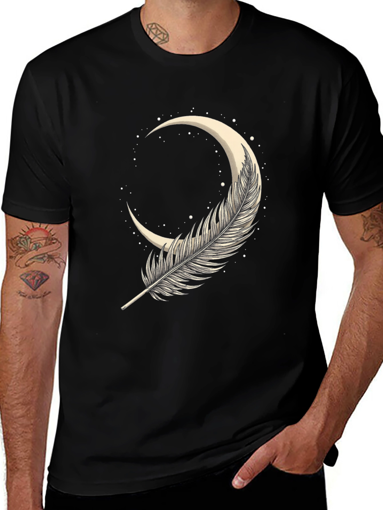 Feather Moon Graphic Tee - Soft Black Cotton