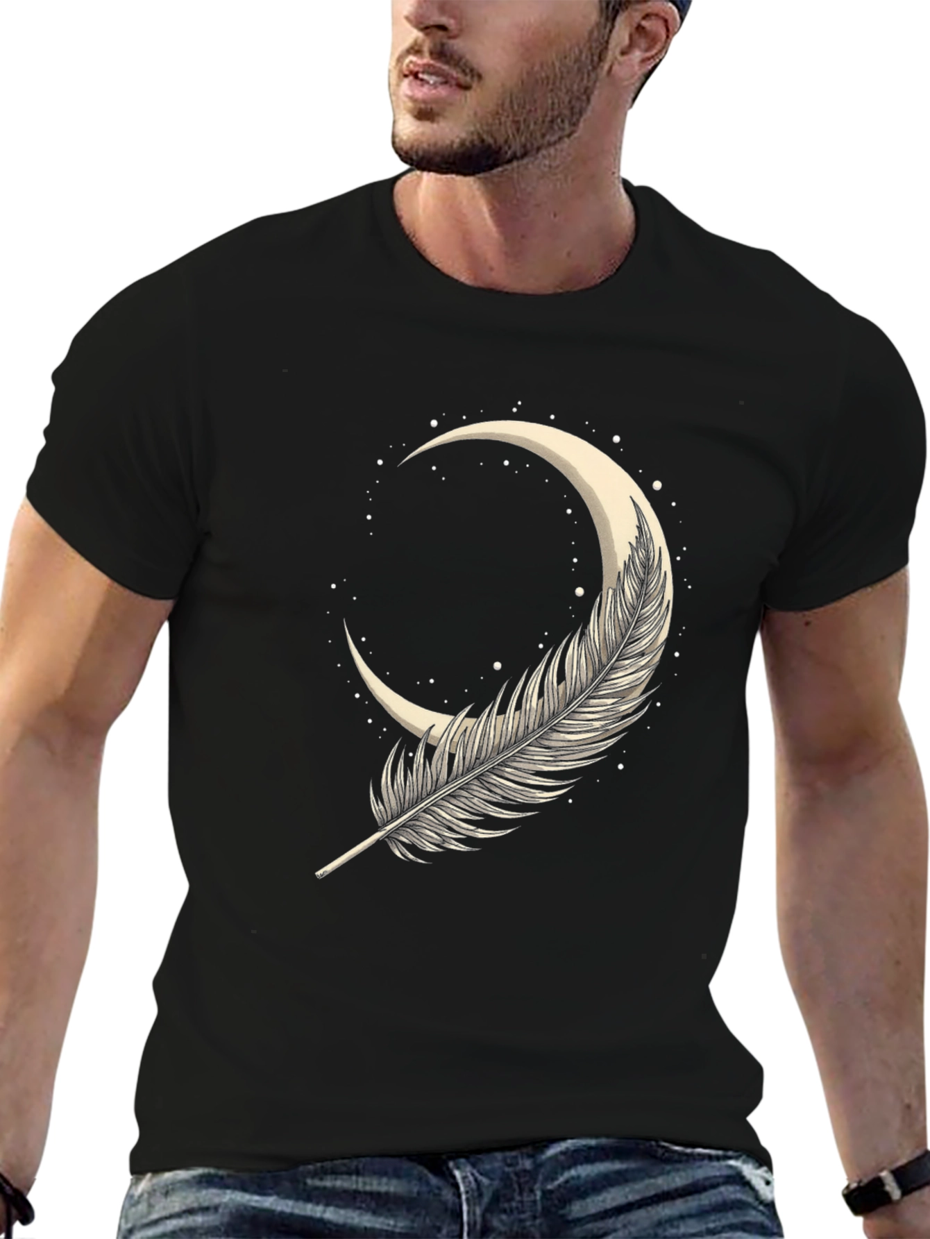 Feather Moon Graphic Tee - Soft Black Cotton