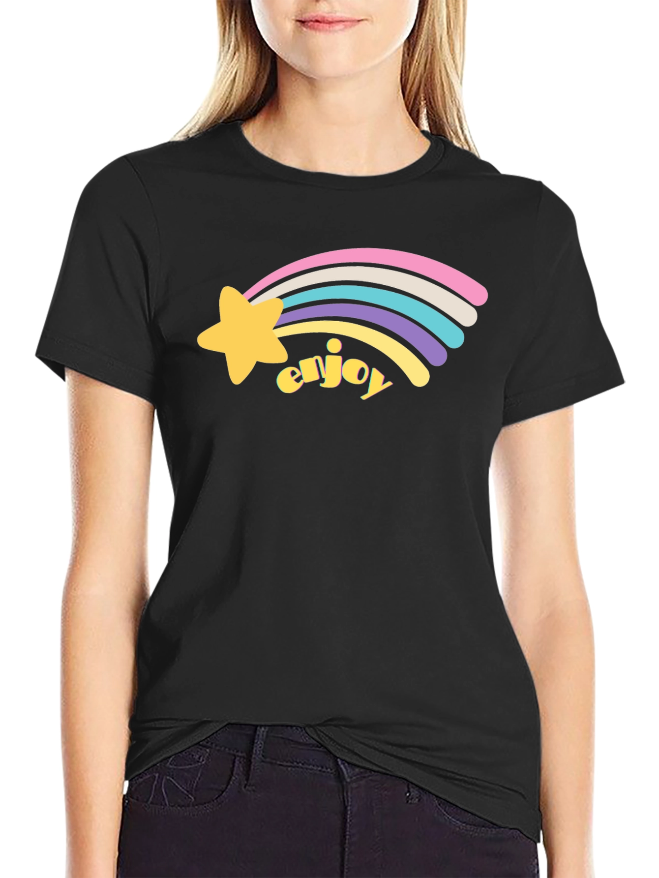 Enjoy Shooting Star Graphic Tee - Black Cotton Blend