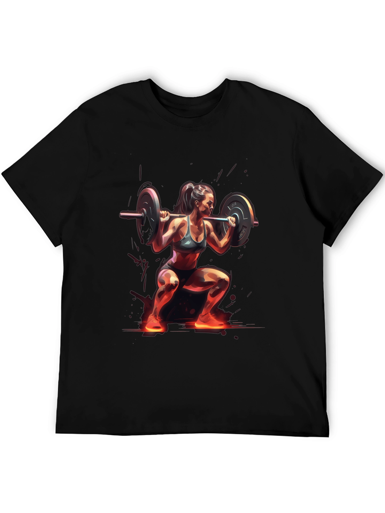 Woman Squatting with Barbell Black T-Shirt