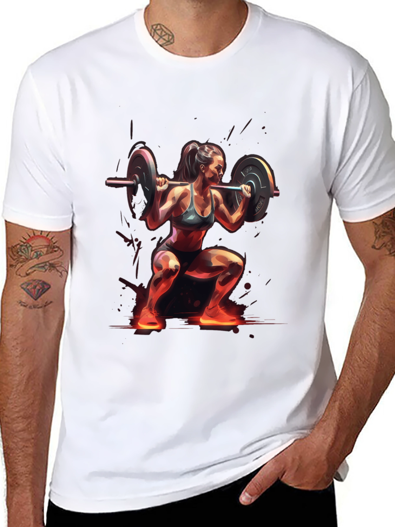 Woman Squatting with Barbell Black T-Shirt