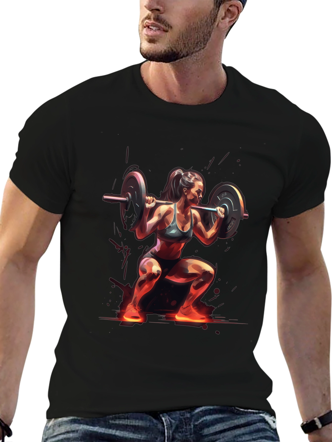 Woman Squatting with Barbell Black T-Shirt