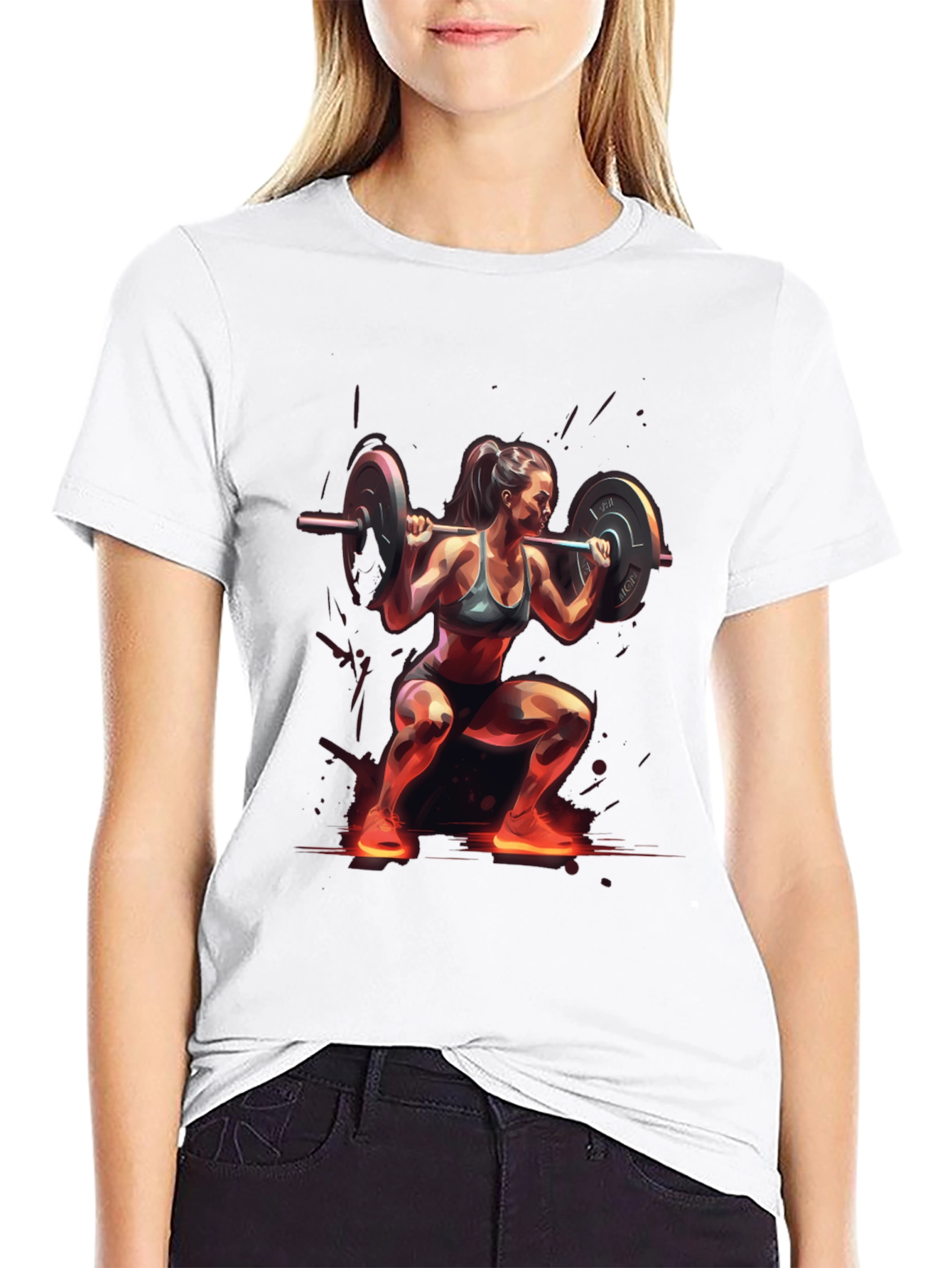 Woman Squatting with Barbell Black T-Shirt