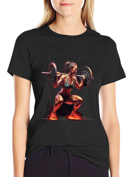 Woman Squatting with Barbell Black T-Shirt