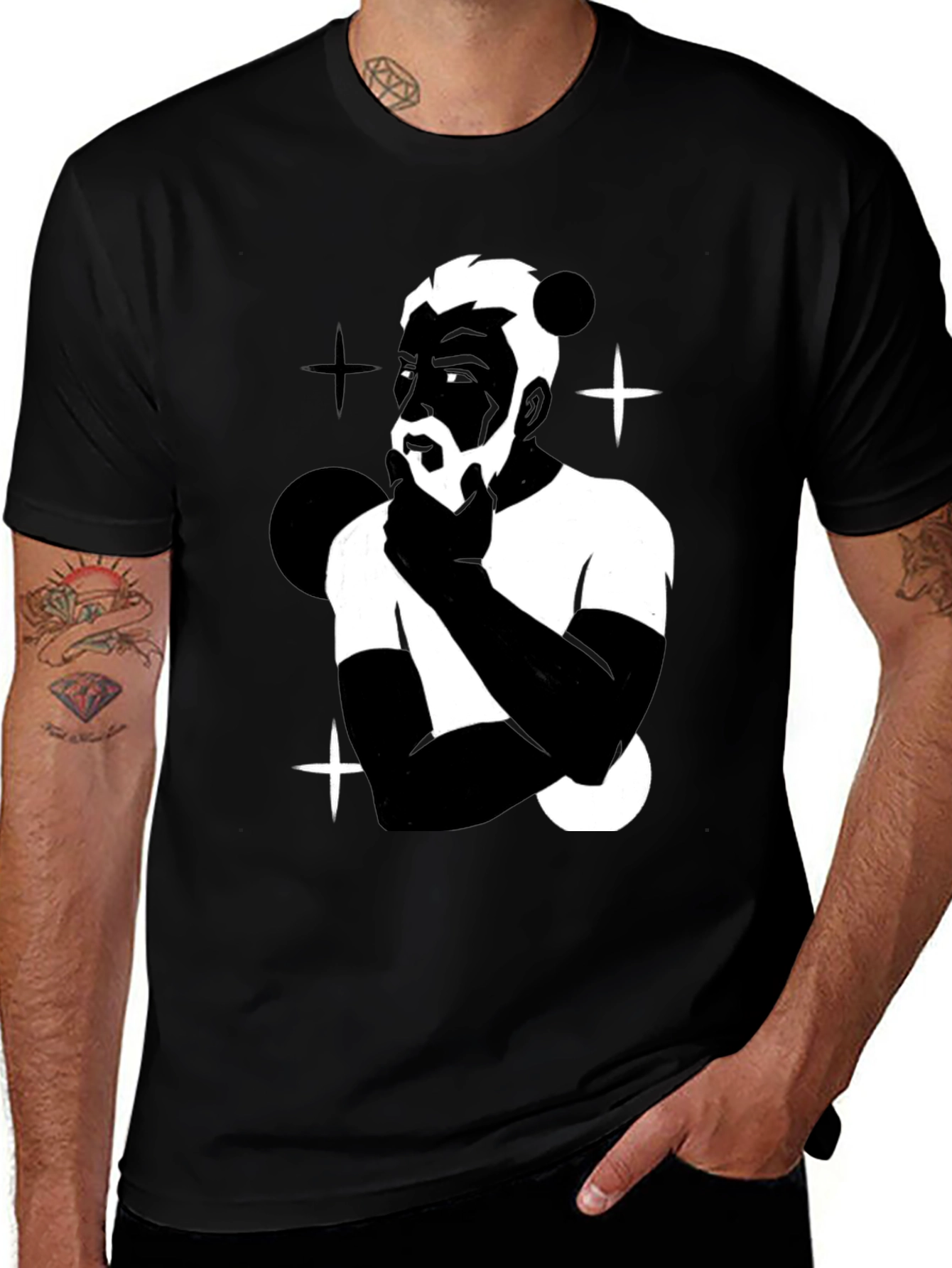 Mens Black Graphic T-Shirt - Contemplative Design