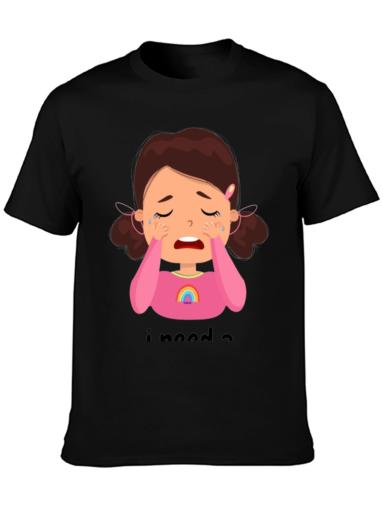 Crying Cartoon Girl Graphic Tee - Black Unisex Shirt