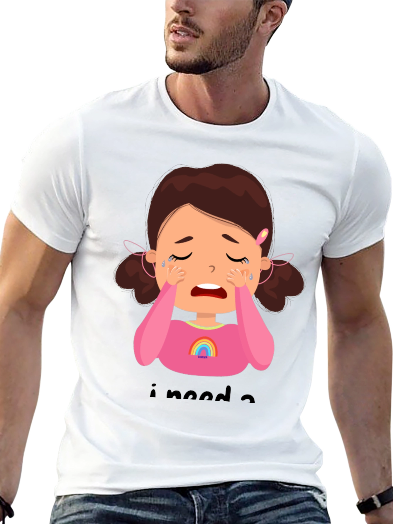 Crying Cartoon Girl Graphic Tee - Black Unisex Shirt