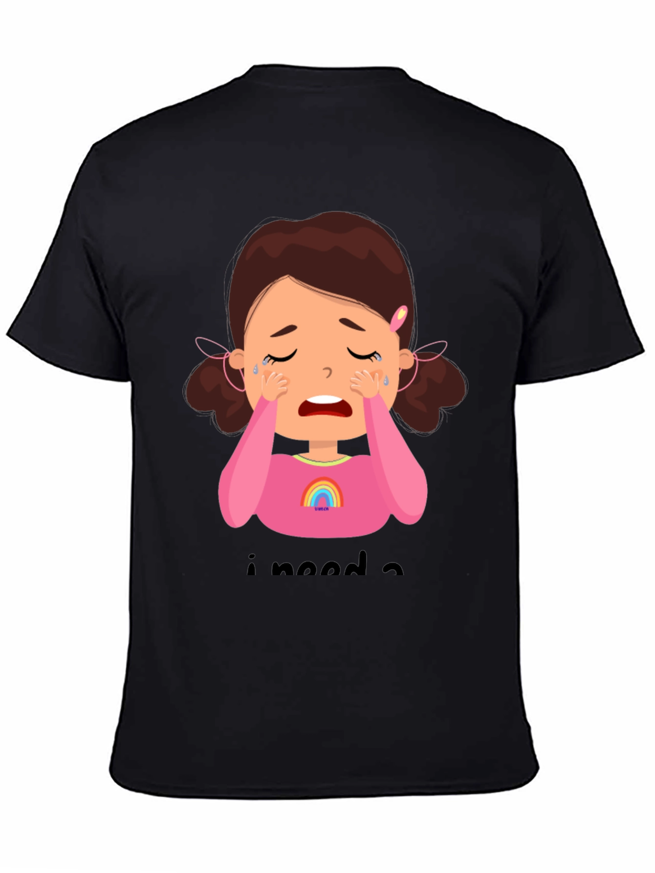 Crying Cartoon Girl Graphic Tee - Black Unisex Shirt