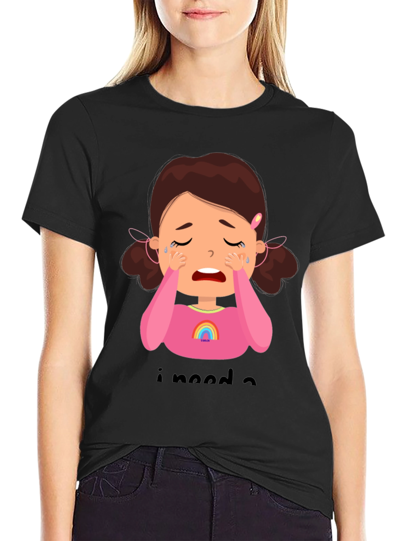 Crying Cartoon Girl Graphic Tee - Black Unisex Shirt