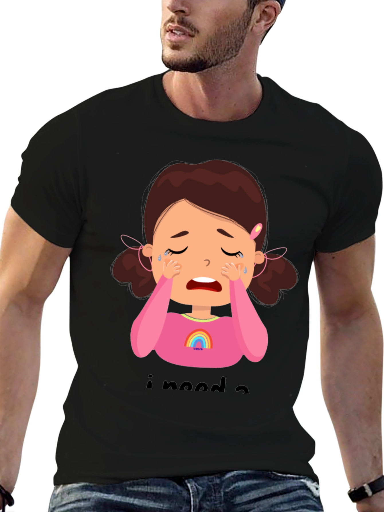 Crying Cartoon Girl Graphic Tee - Black Unisex Shirt