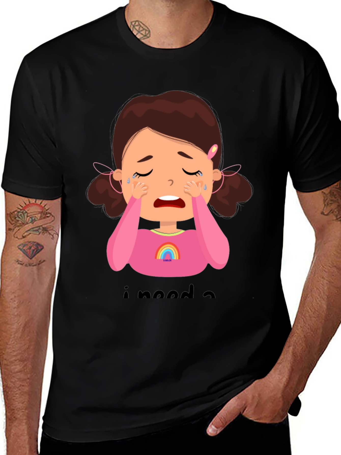 Crying Cartoon Girl Graphic Tee - Black Unisex Shirt