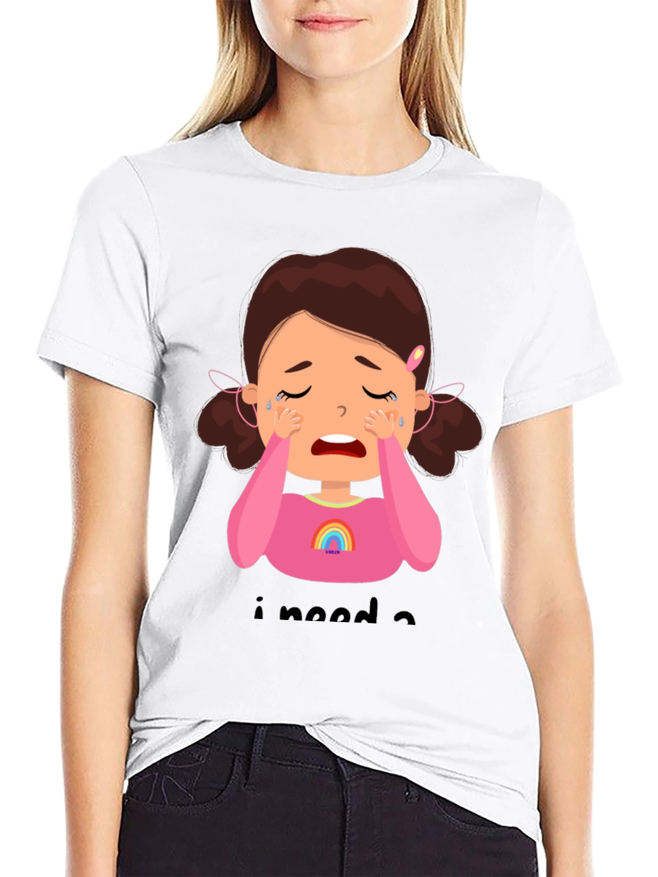 Crying Cartoon Girl Graphic Tee - Black Unisex Shirt