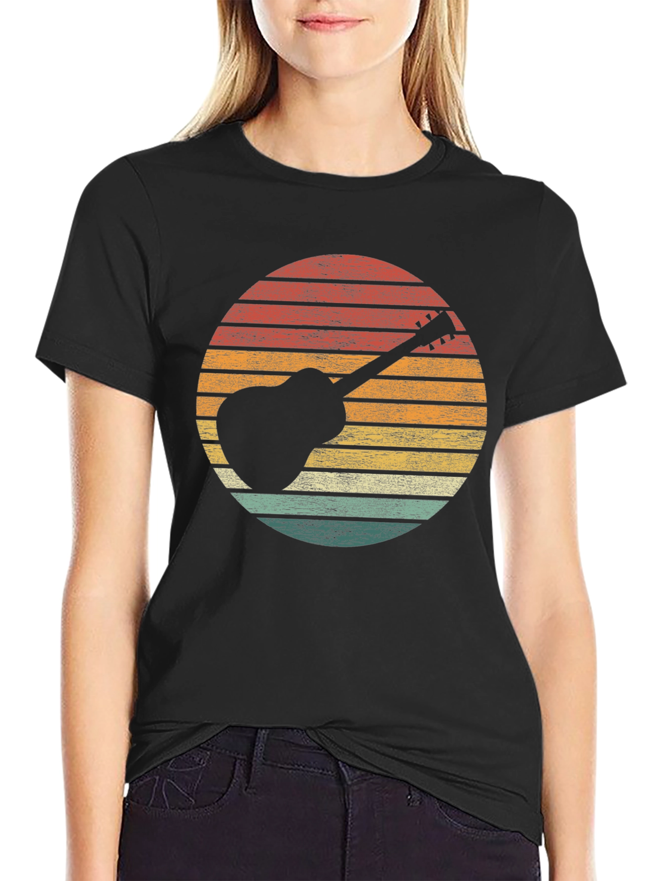 Retro Guitar Sunset Graphic Tee - Black