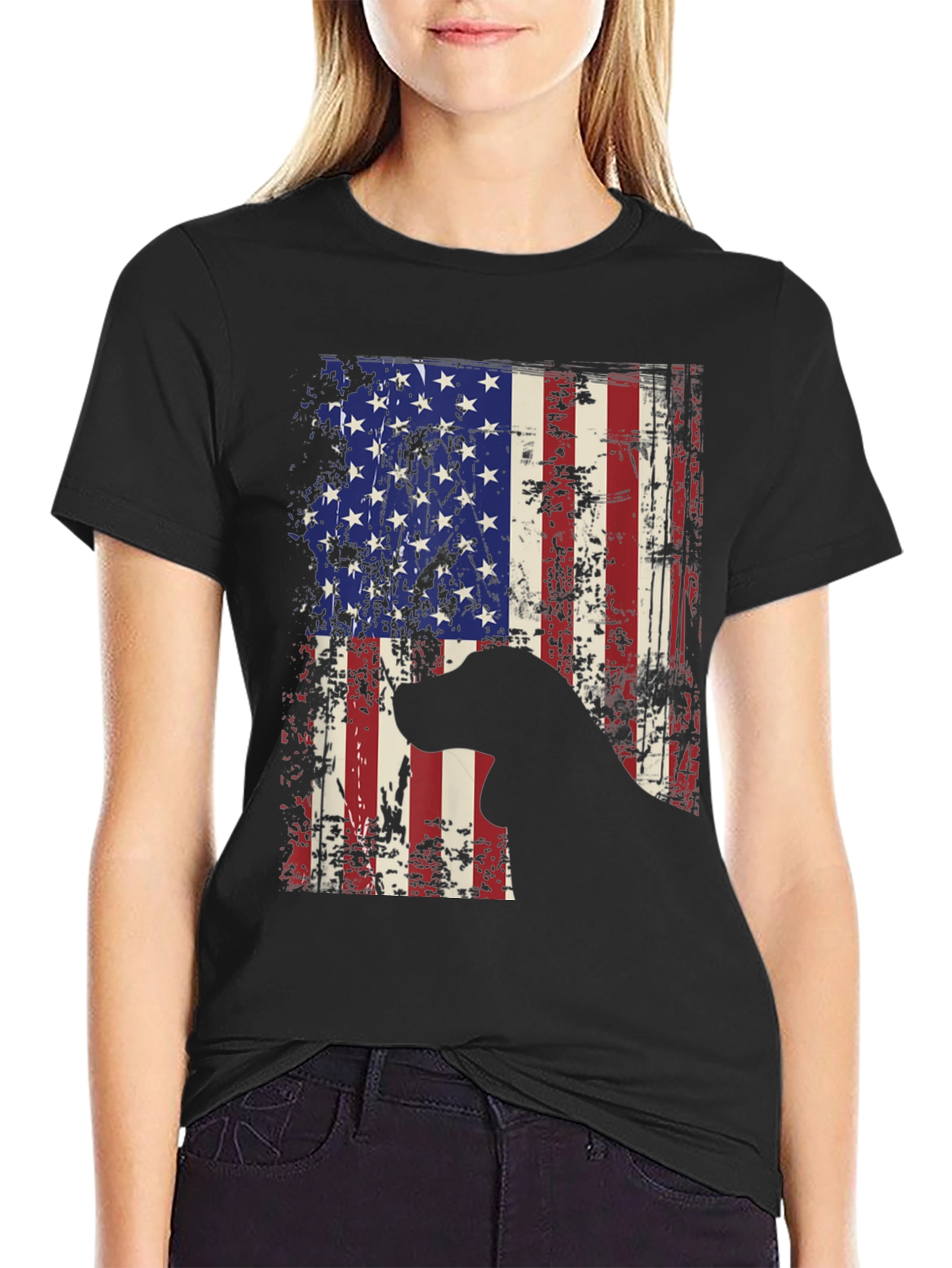 Patriotic Dog Graphic Tee - American Flag Design