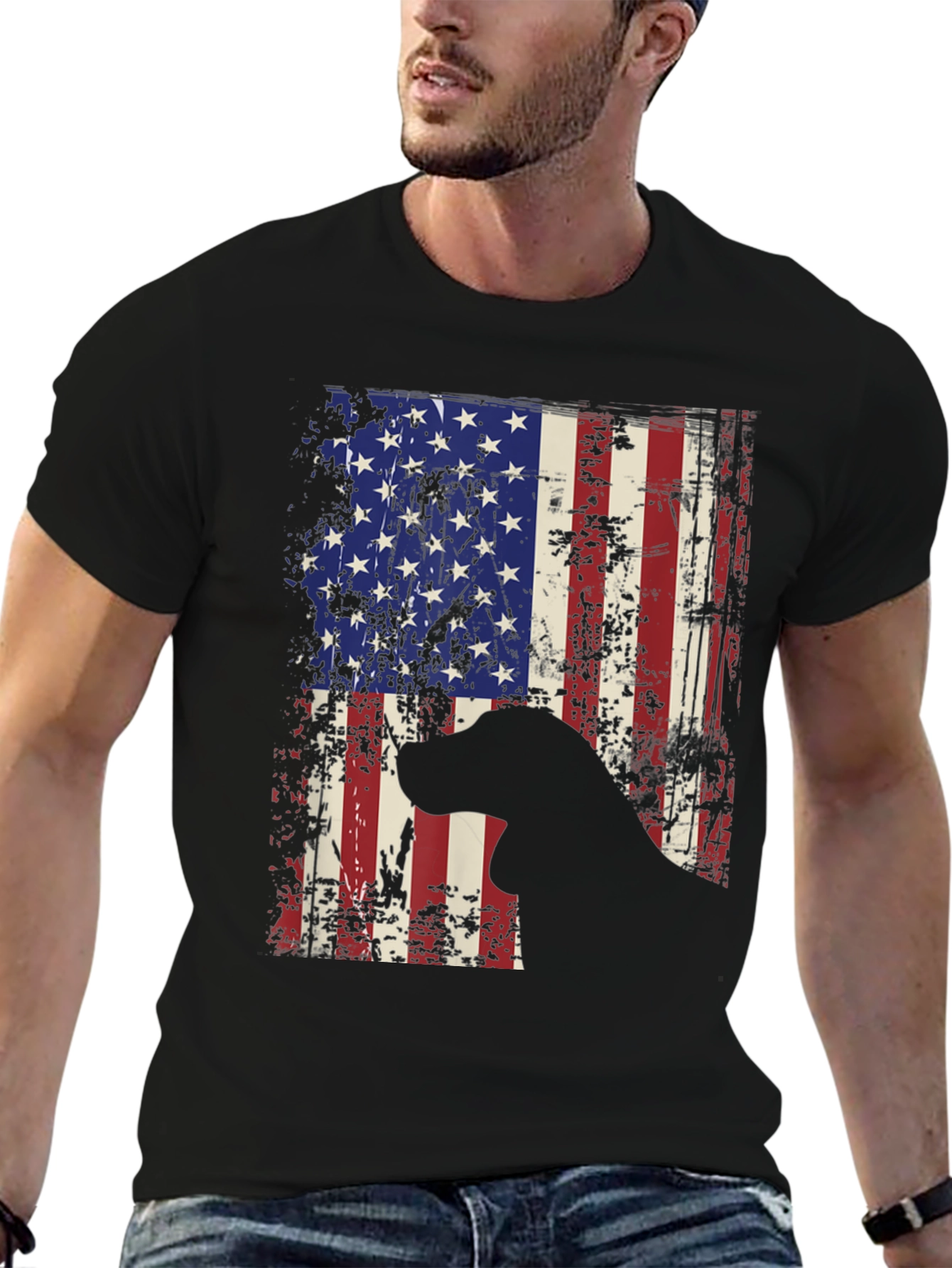 Patriotic Dog Graphic Tee - American Flag Design