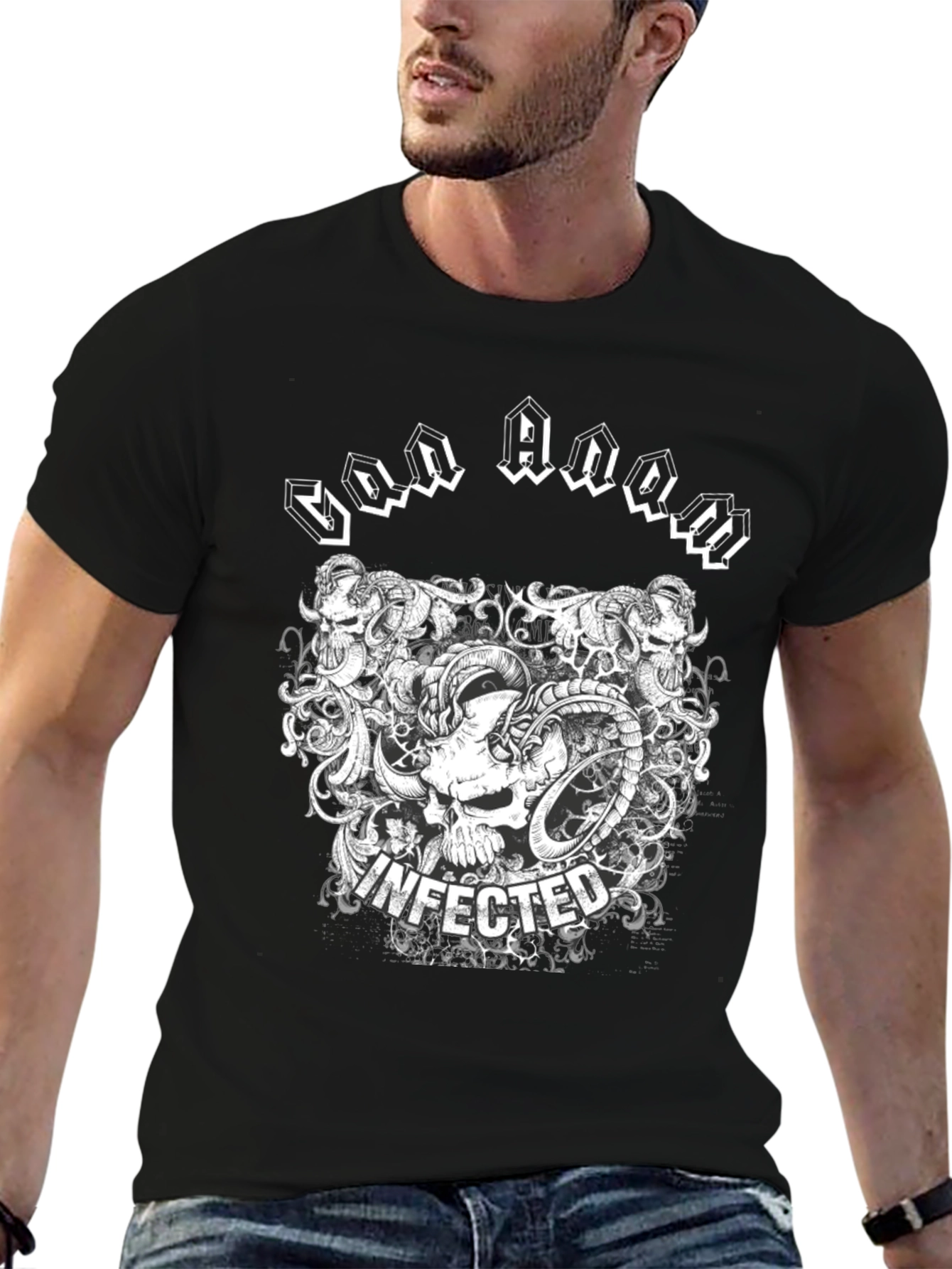 Infected Skull Graphic Print Black T-Shirt