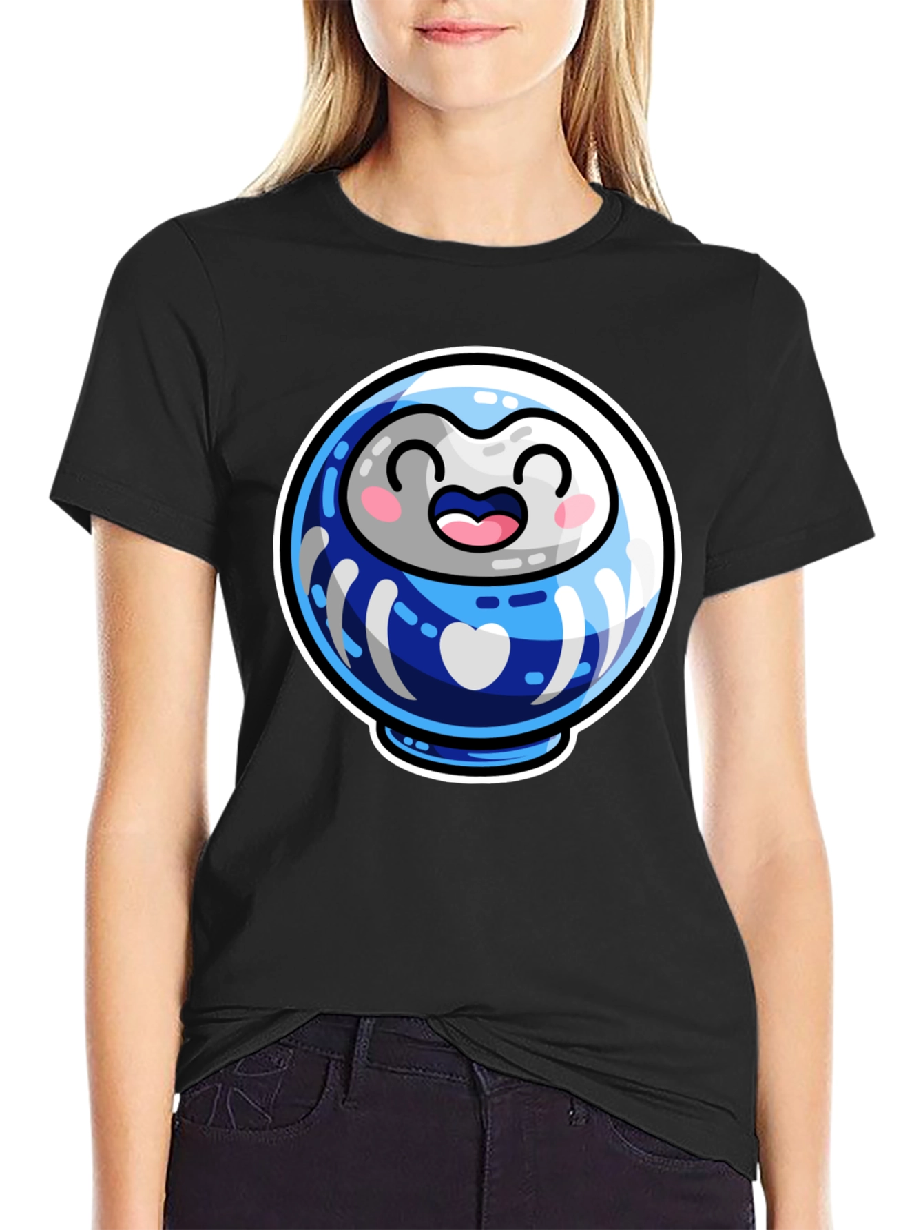 Cute Daruma Doll Graphic Tee - Black
