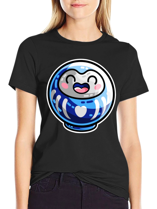 Cute Daruma Doll Graphic Tee - Black