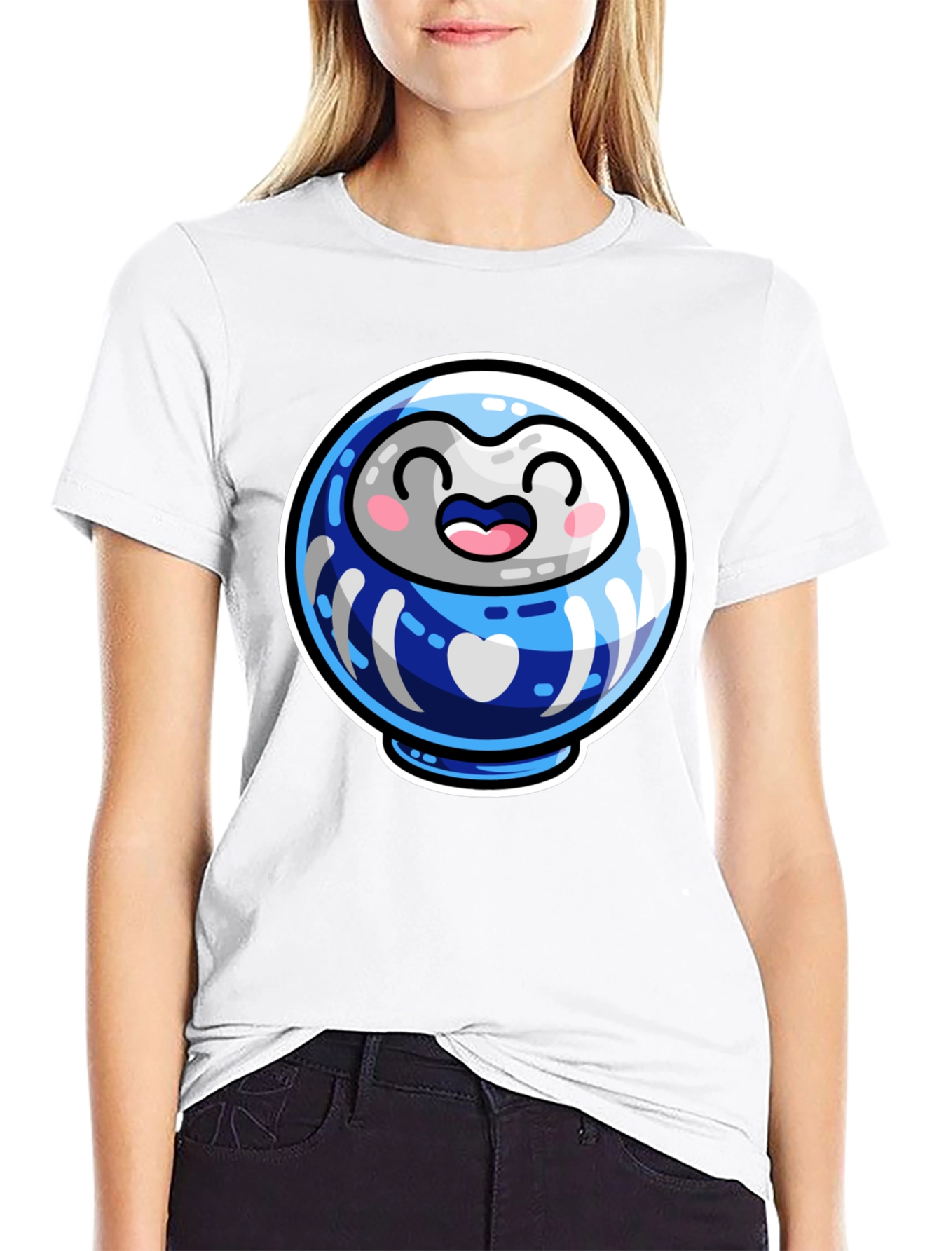 Cute Daruma Doll Graphic Tee - Black