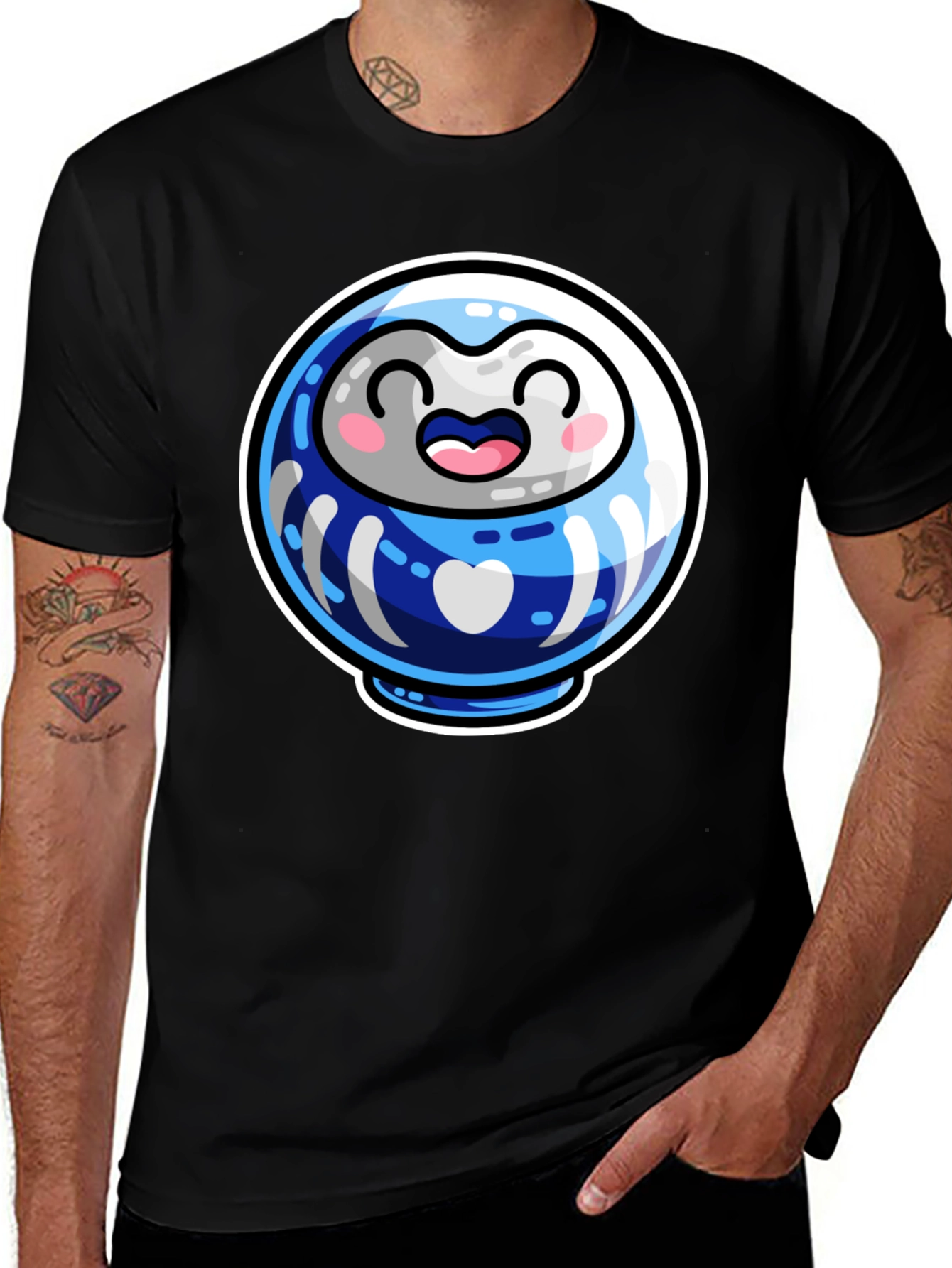 Cute Daruma Doll Graphic Tee - Black