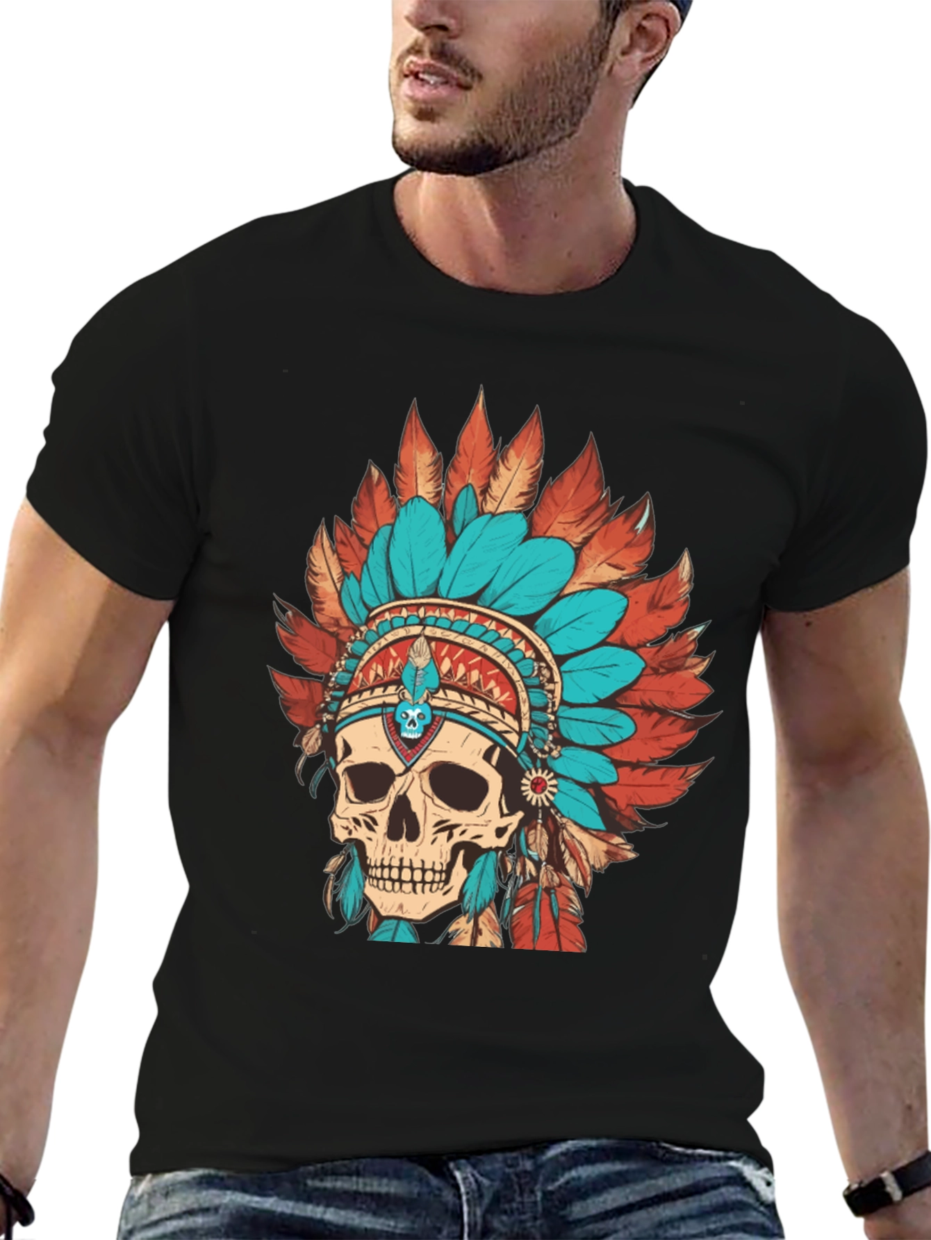 Skull Chief Headdress Graphic Tee - Cool Unique Design