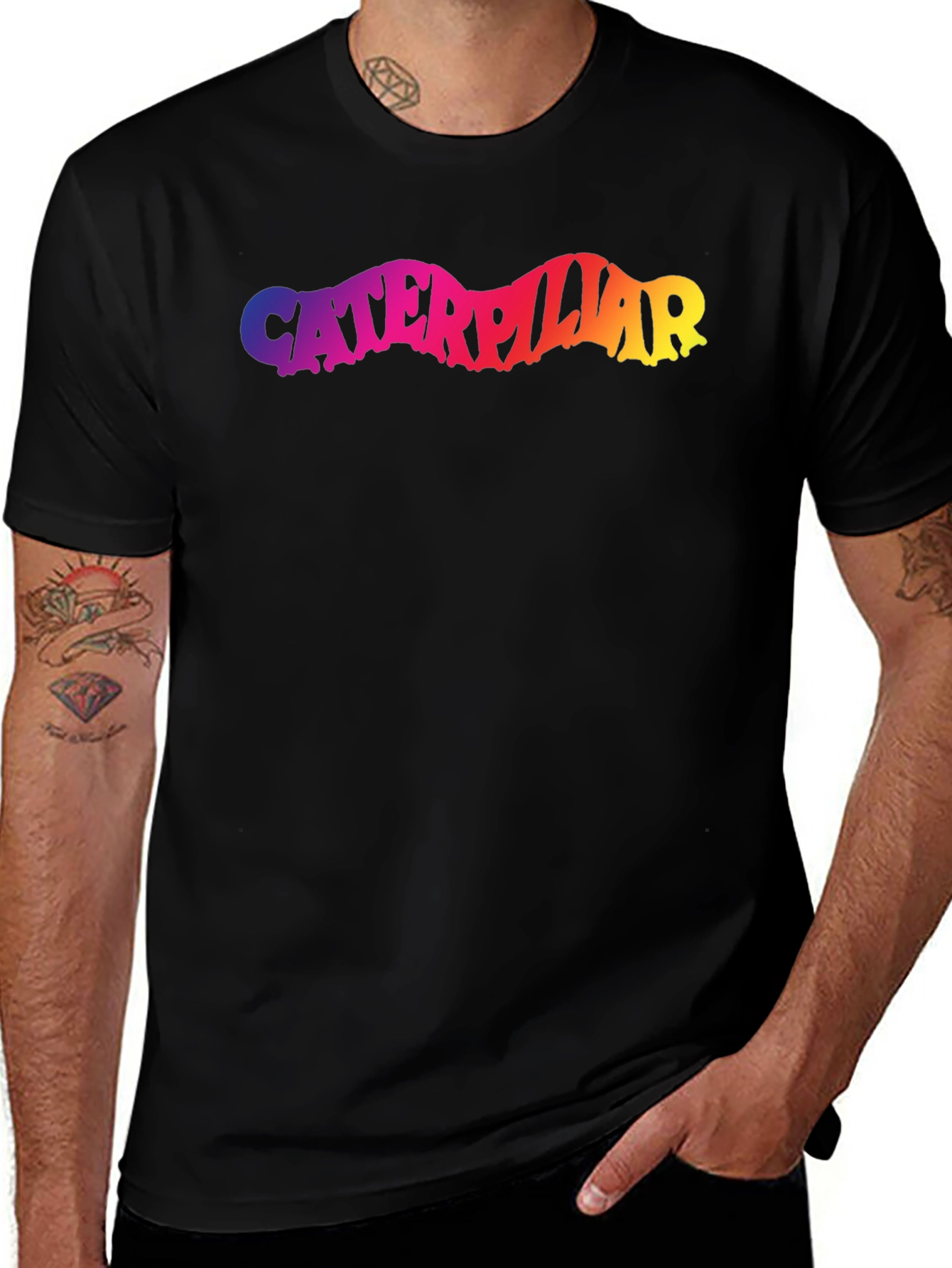 Caterpillar Rainbow Text Black T-Shirt