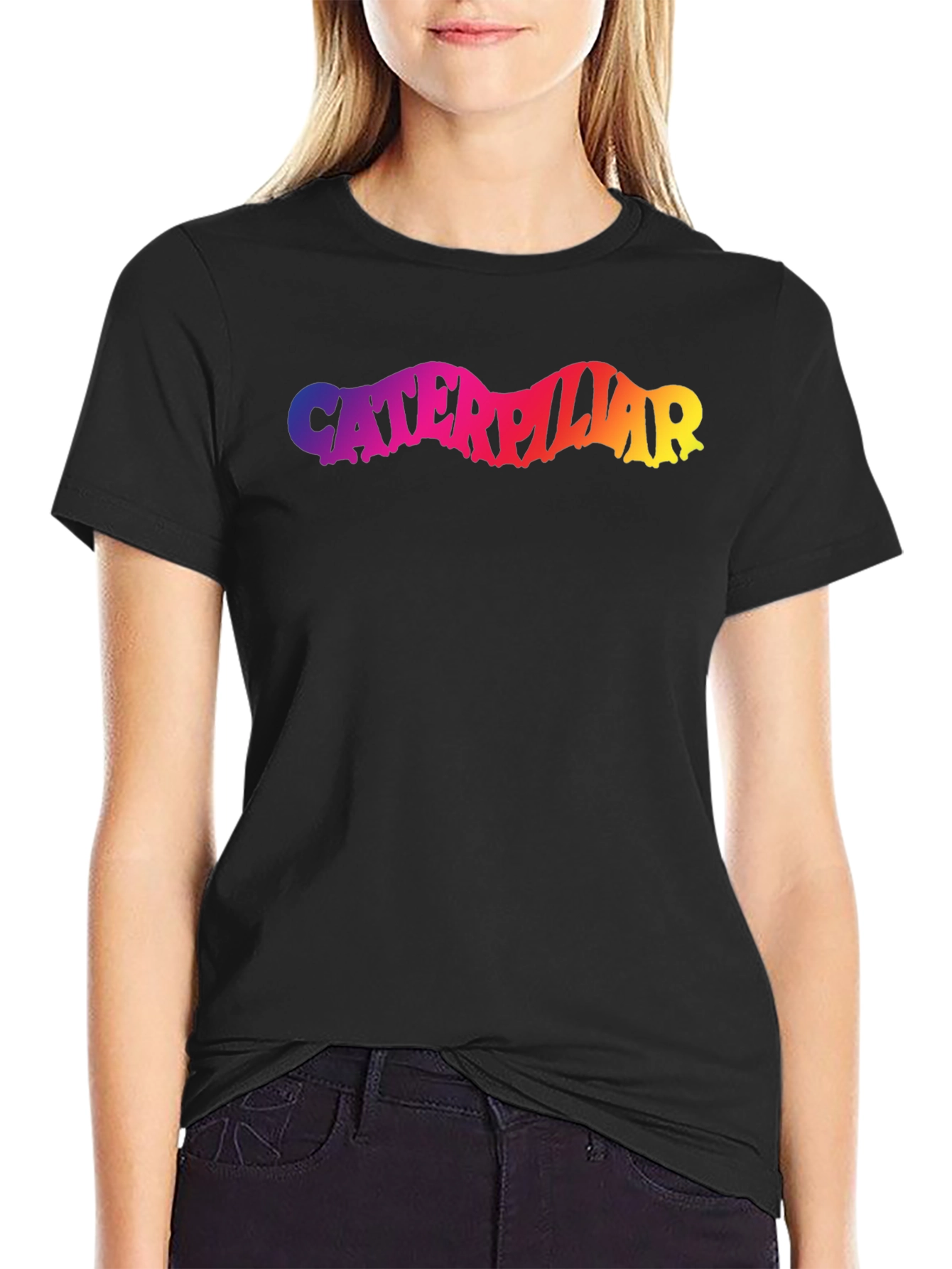 Caterpillar Rainbow Text Black T-Shirt