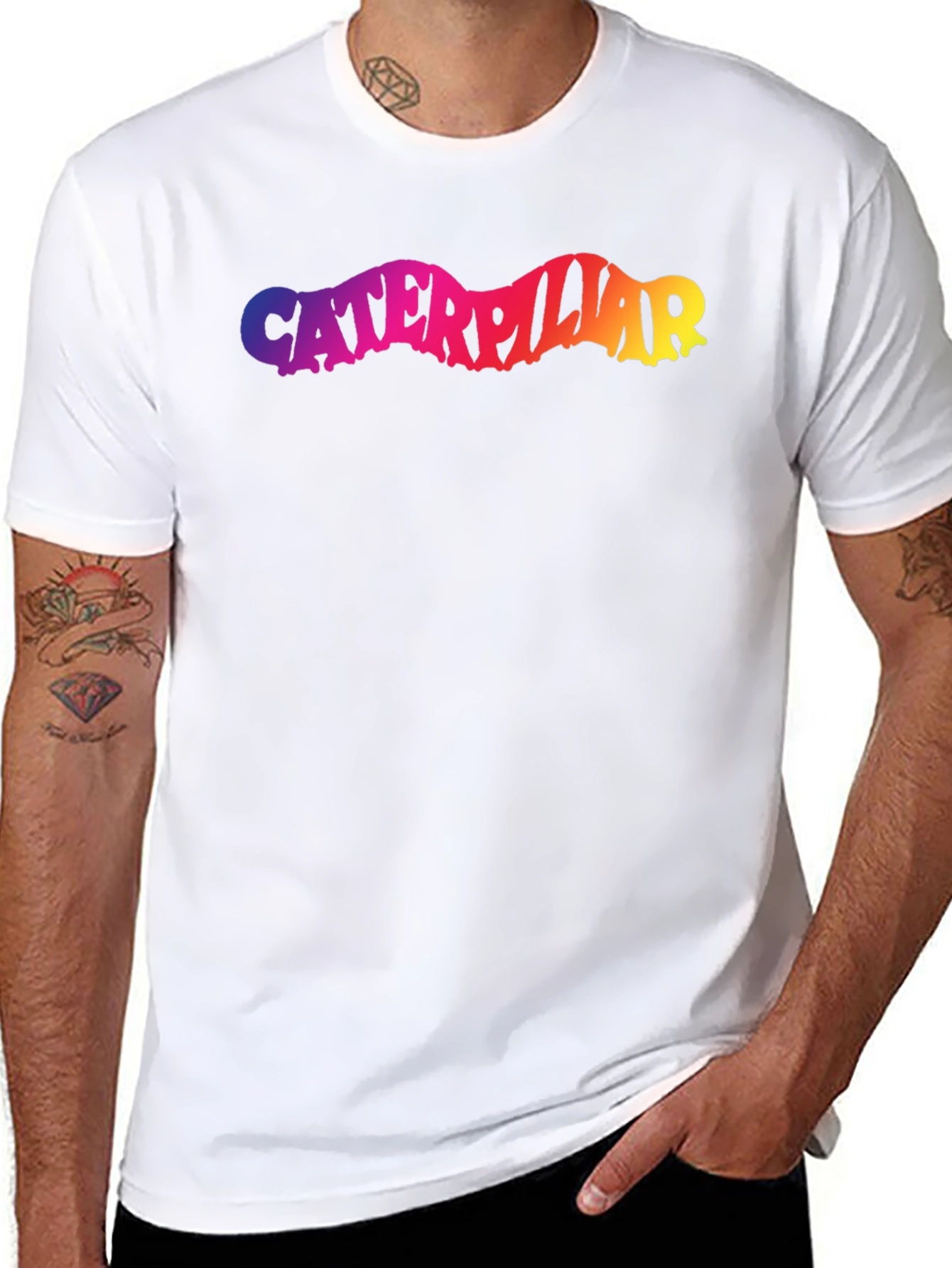 Caterpillar Rainbow Text Black T-Shirt