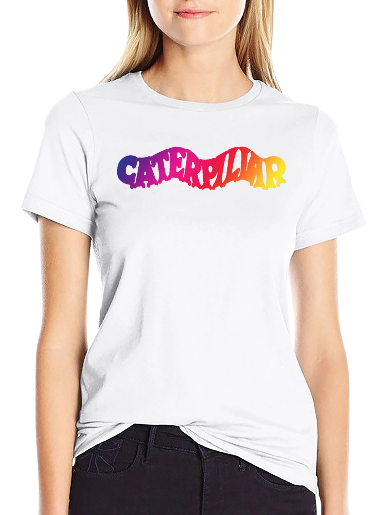 Caterpillar Rainbow Text Black T-Shirt