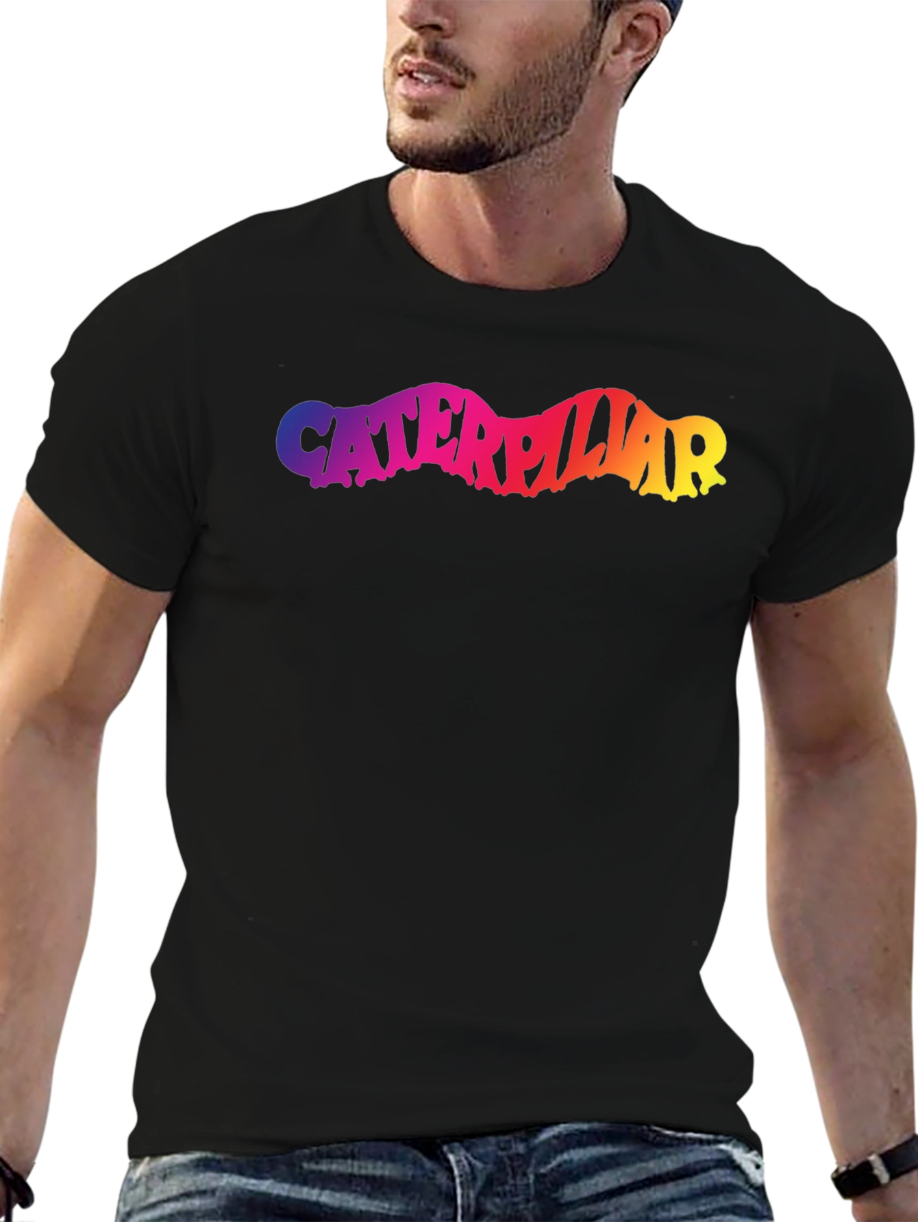 Caterpillar Rainbow Text Black T-Shirt