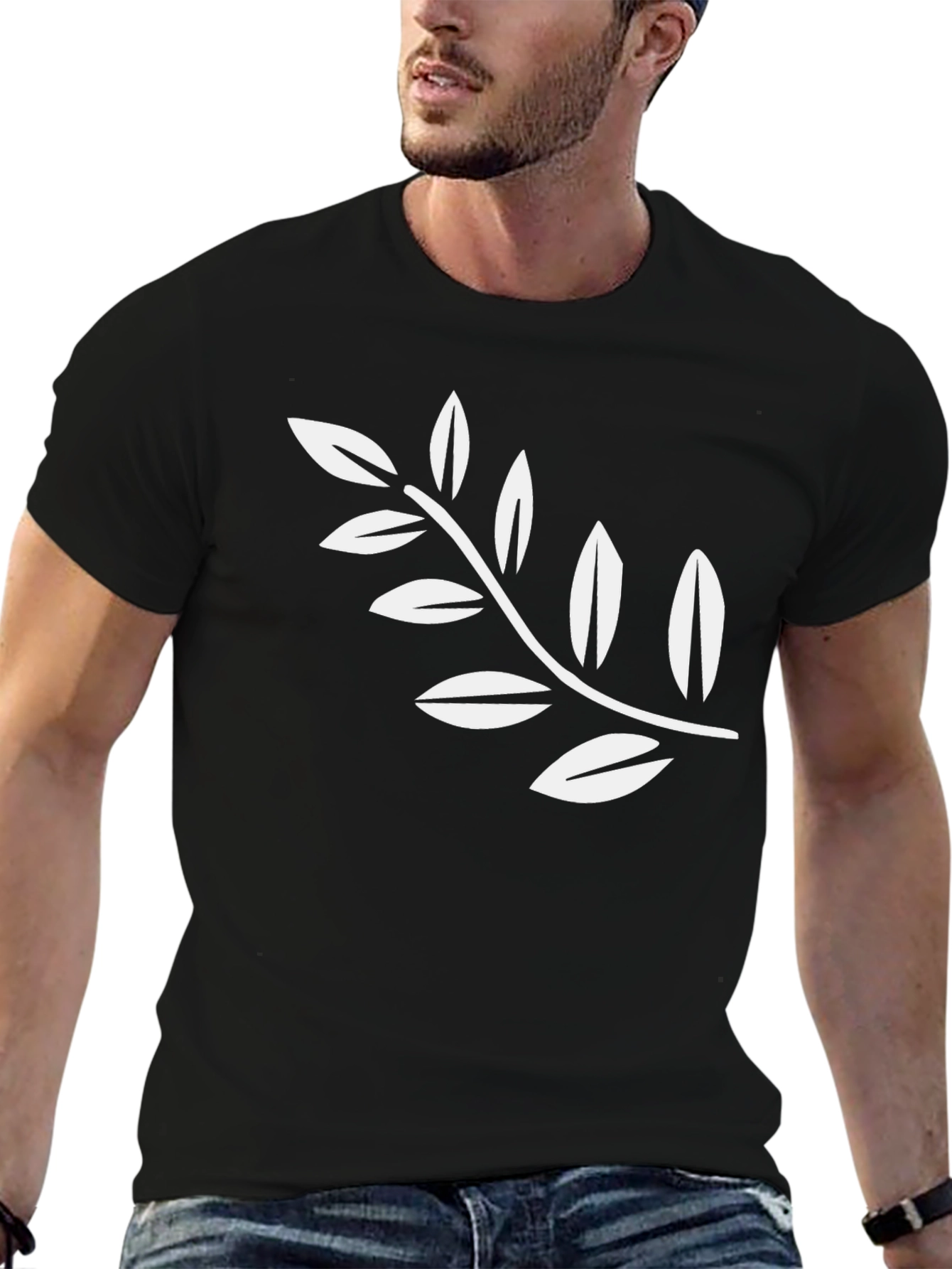Black Tee with White Leaf Branch Design