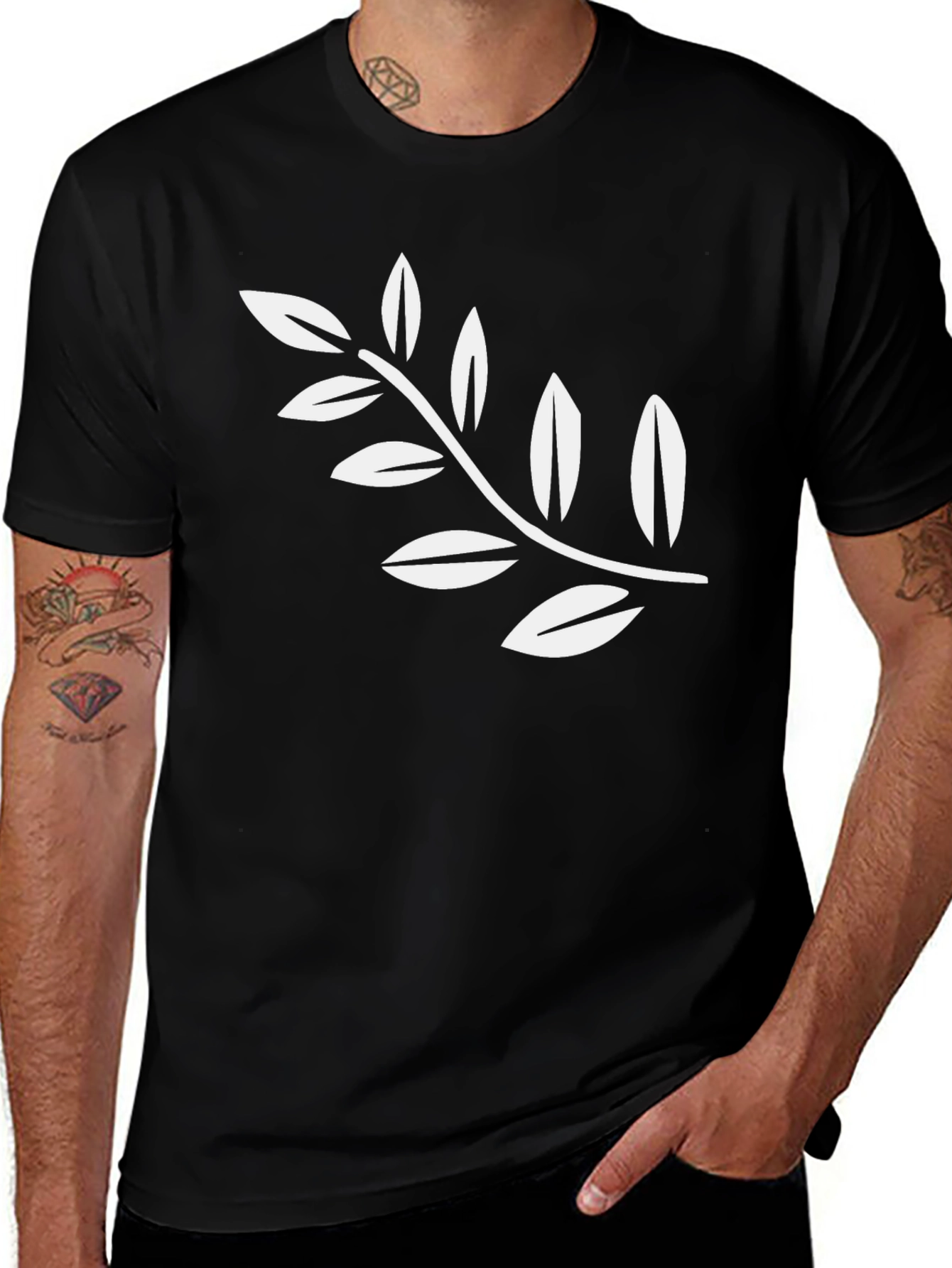 Black Tee with White Leaf Branch Design
