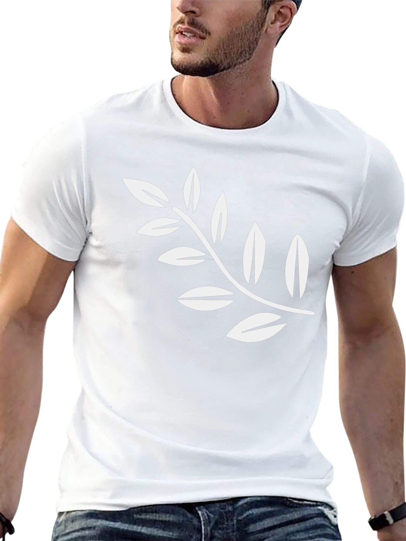 Black Tee with White Leaf Branch Design