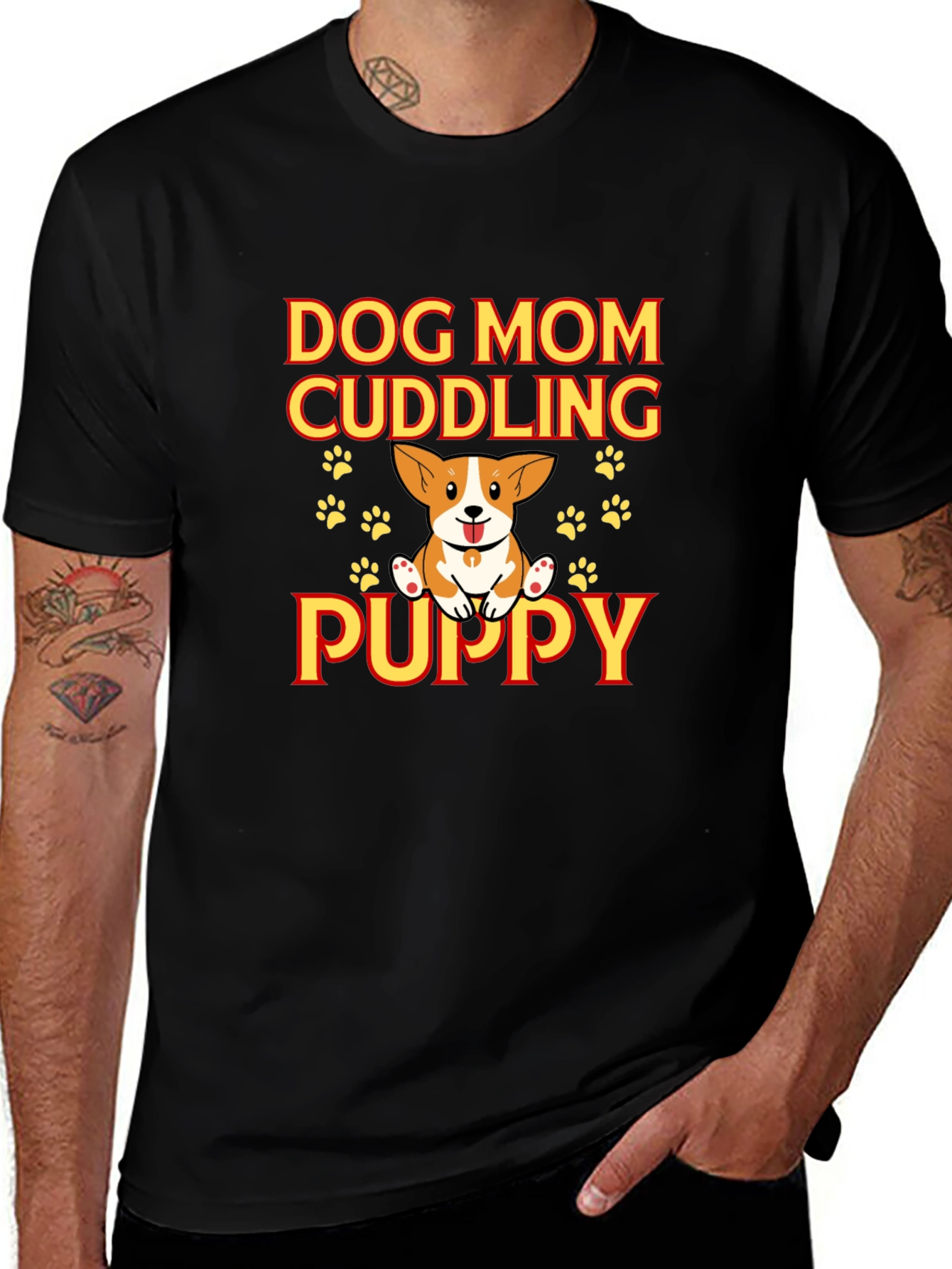 Dog Mom Cuddling Puppy Black Graphic Tee