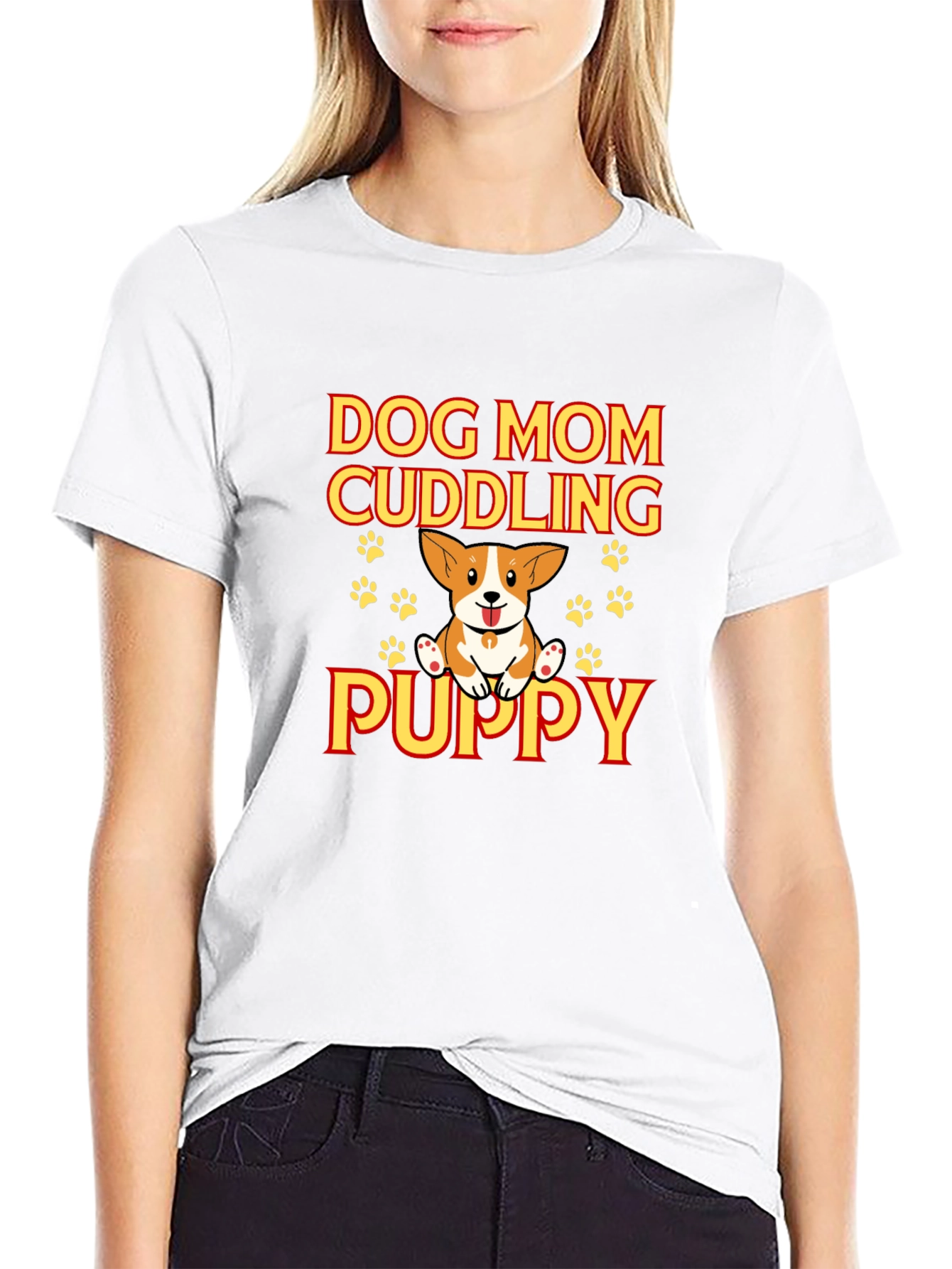 Dog Mom Cuddling Puppy Black Graphic Tee